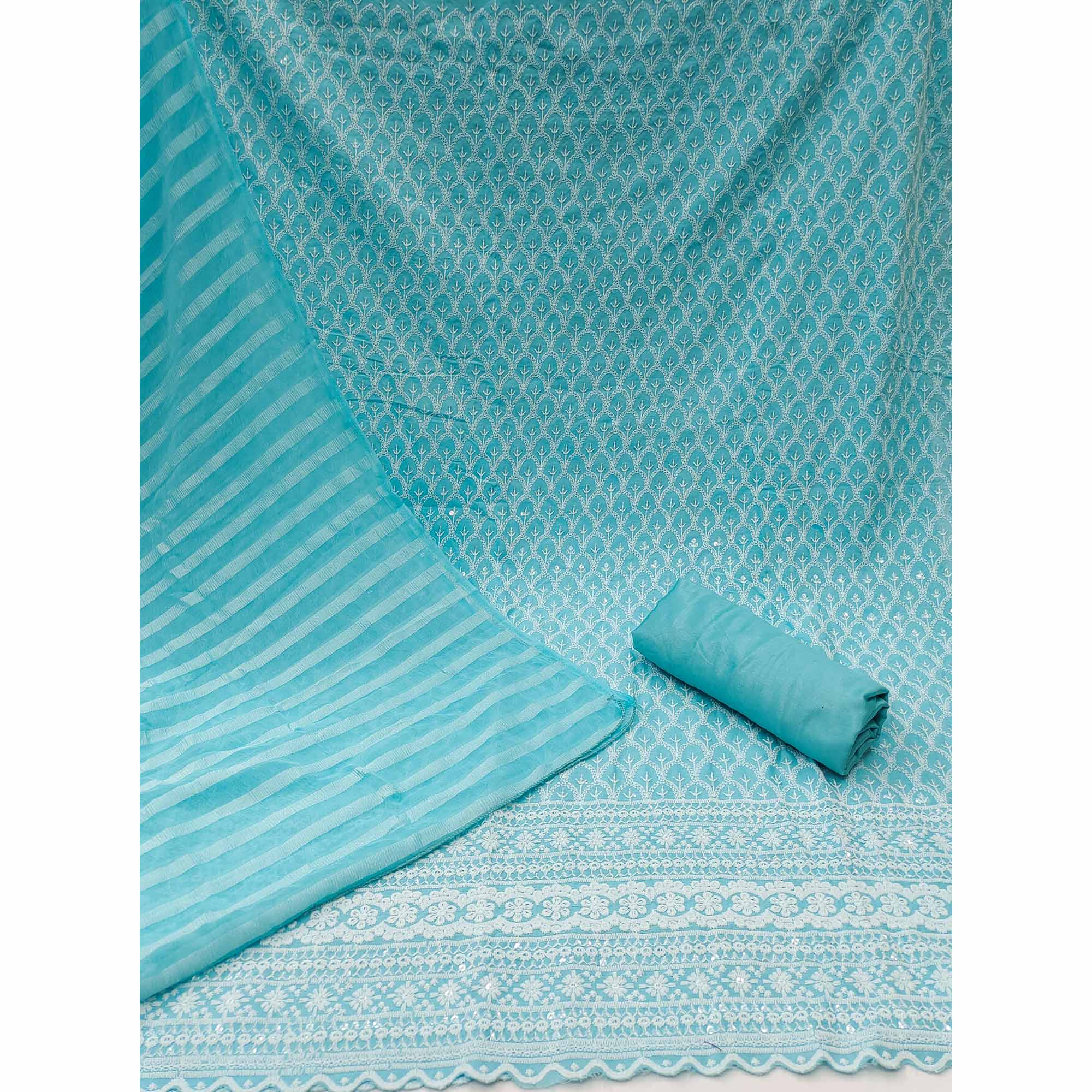 Blue Sequins Embroidered Cotton Blend Dress Material