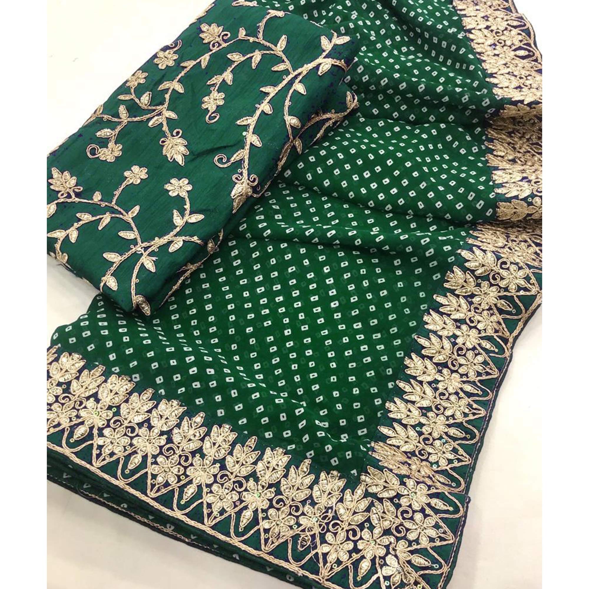 Green Bandhani Printed With Embroidered Border Georgette Saree