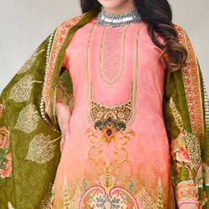 Pink And Green Digital Printed With Daman Embroidered Pure Cotton Pakistani Suit