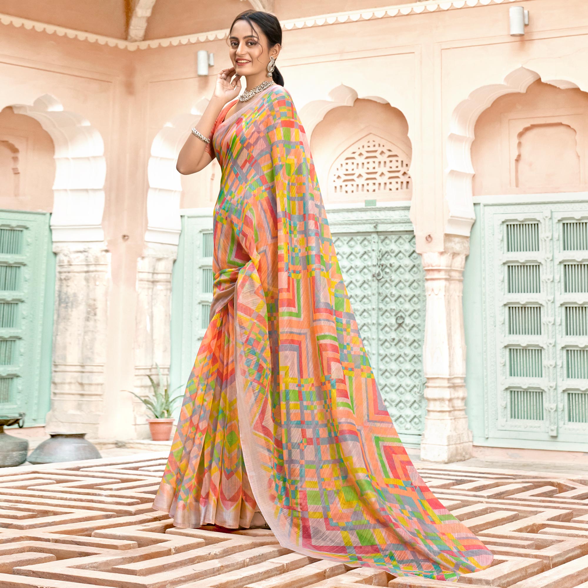Peach Printed Cotton Blend Saree
