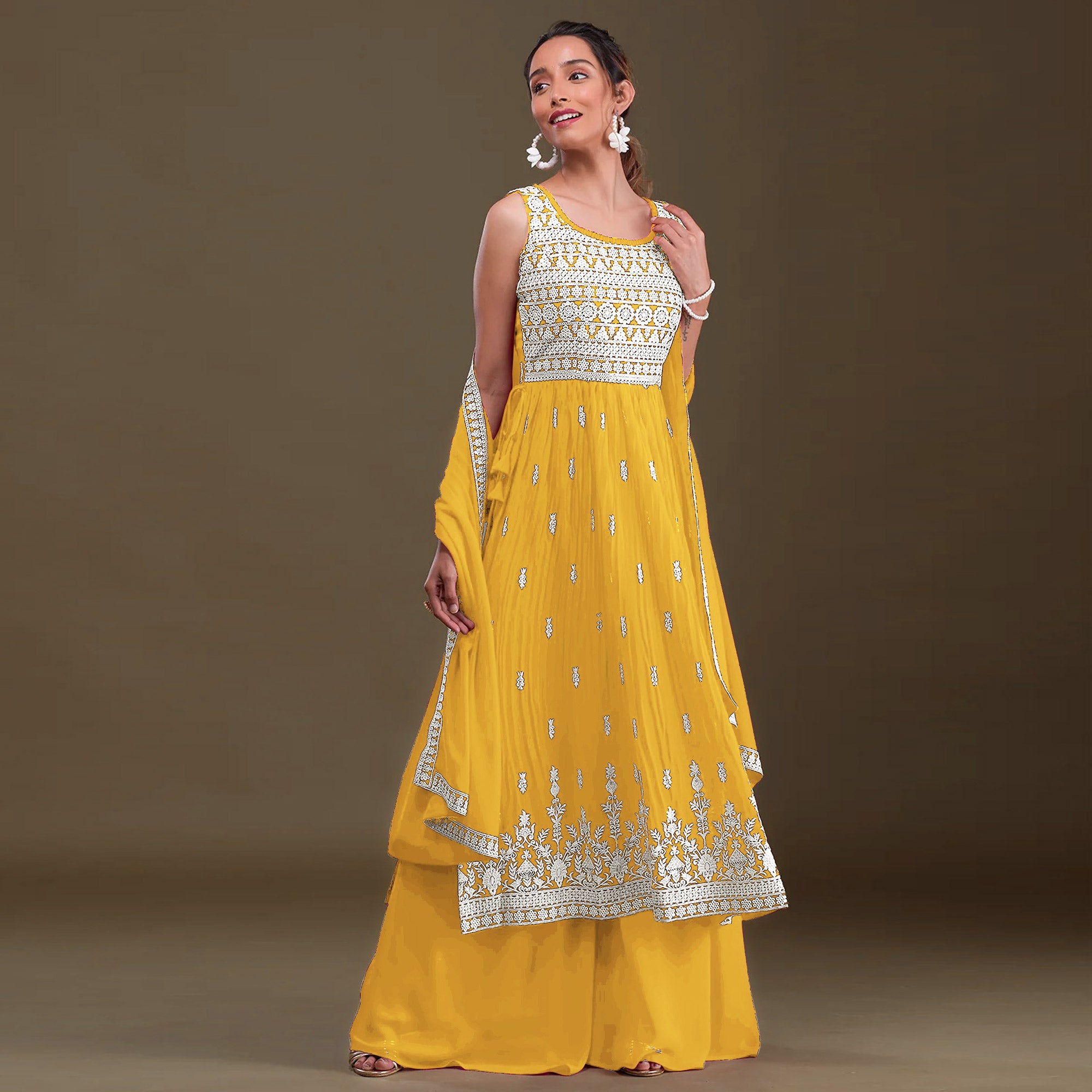 Yellow Sequins Embroidered Georgette Semi Stitched Naira Cut Palazzo Suit