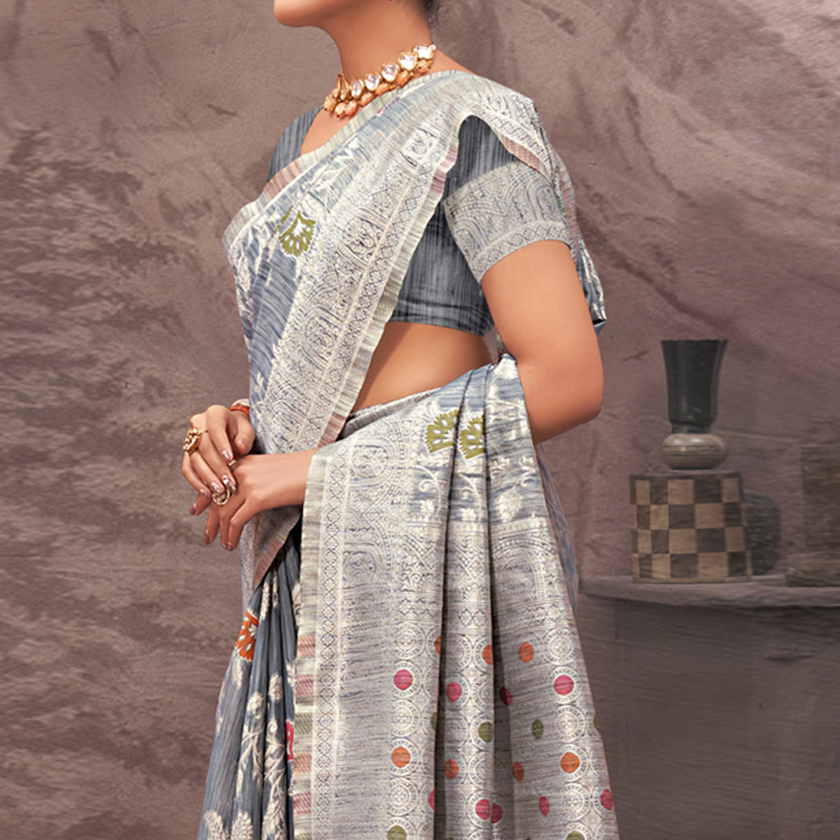 Grey Floral Woven Cotton Silk Saree