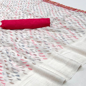 White Printed With Checks Border Georgette Saree