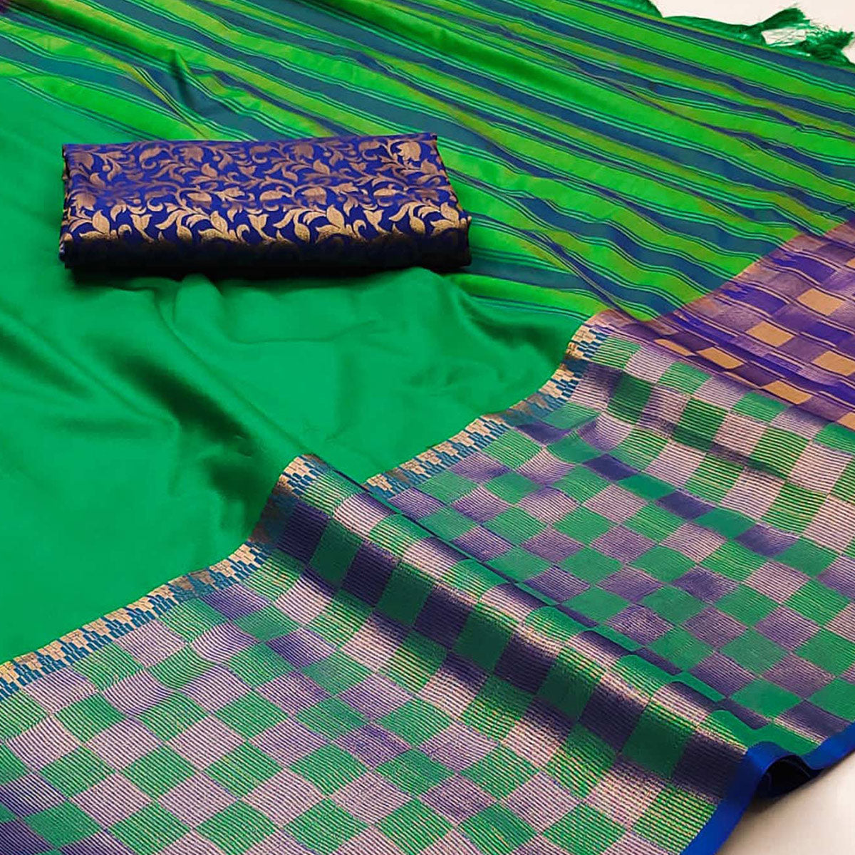 Green Woven Cotton Silk Saree With Tassels