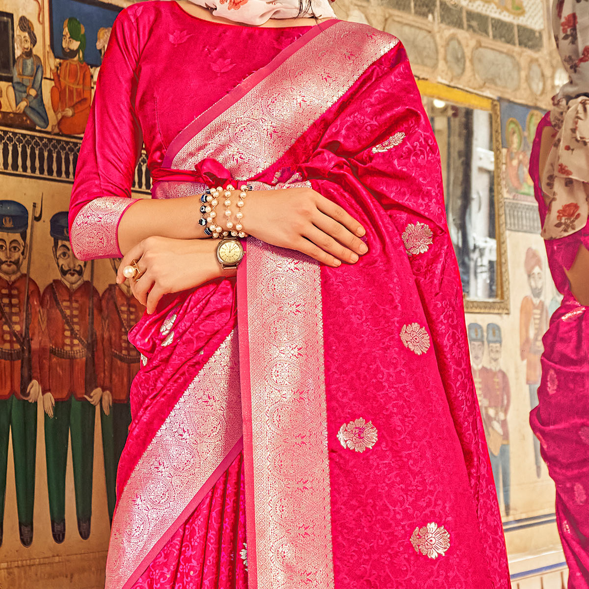 Pink Woven Satin Saree