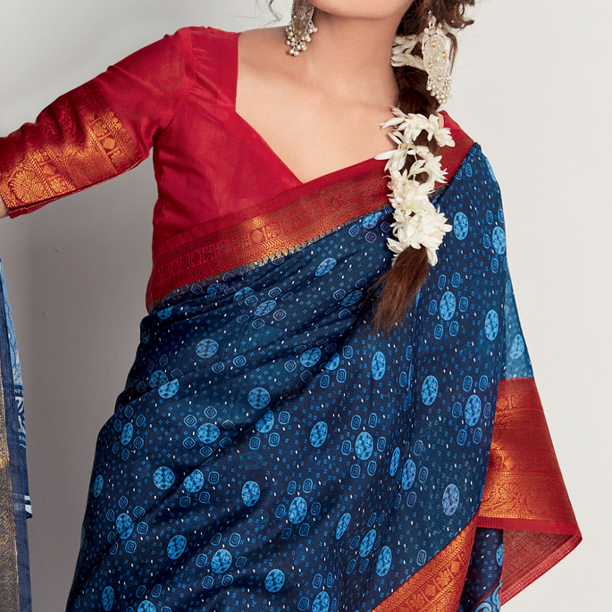 Blue Printed With Woven Border Cotton Blend Saree