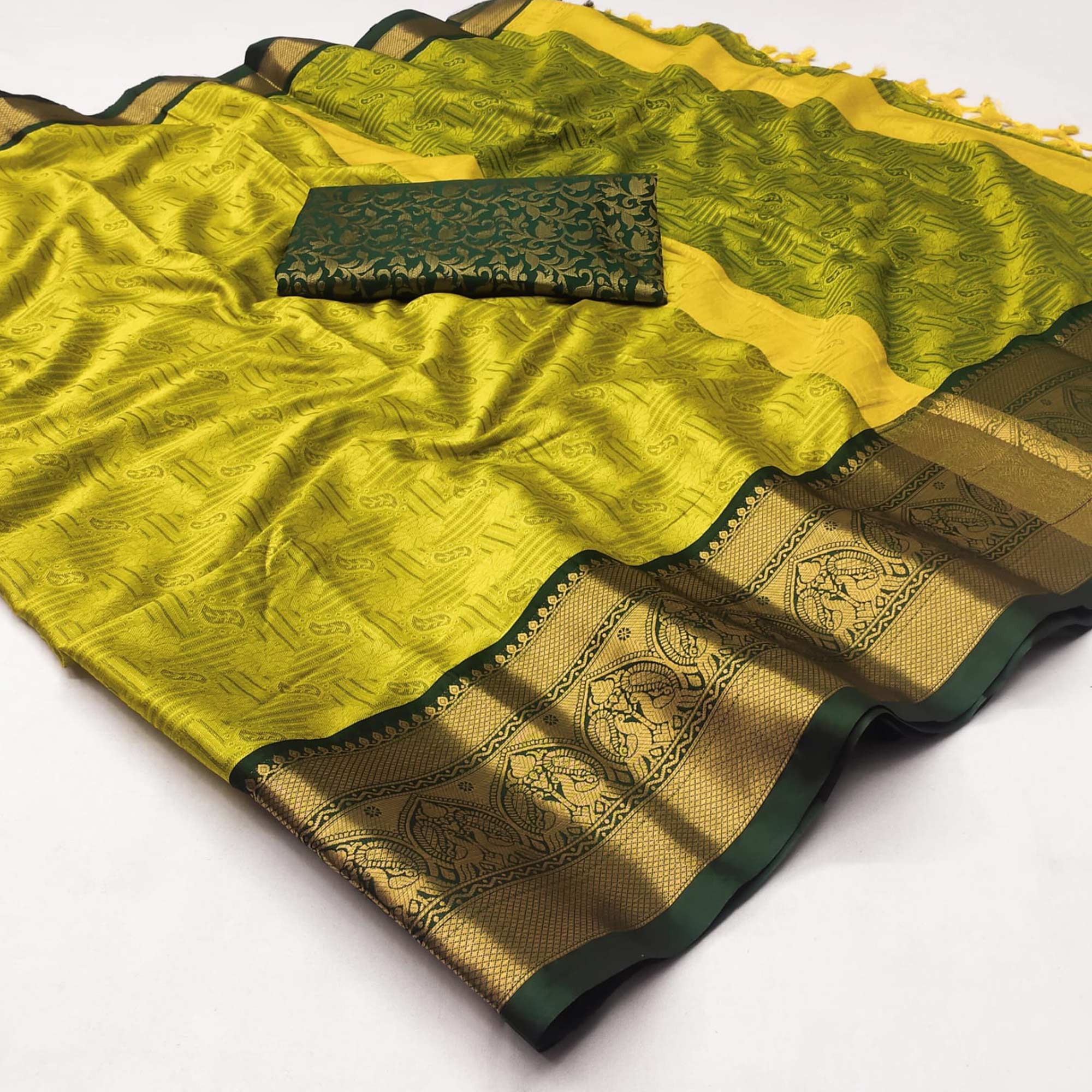 Lemon Green Woven Cotton Silk Saree With Tassels