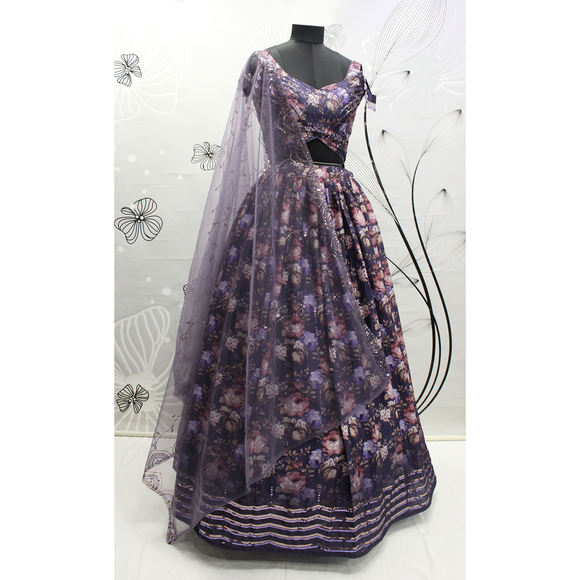 Purple Printed With Sequins Embroidered Georgette Lehenga Choli