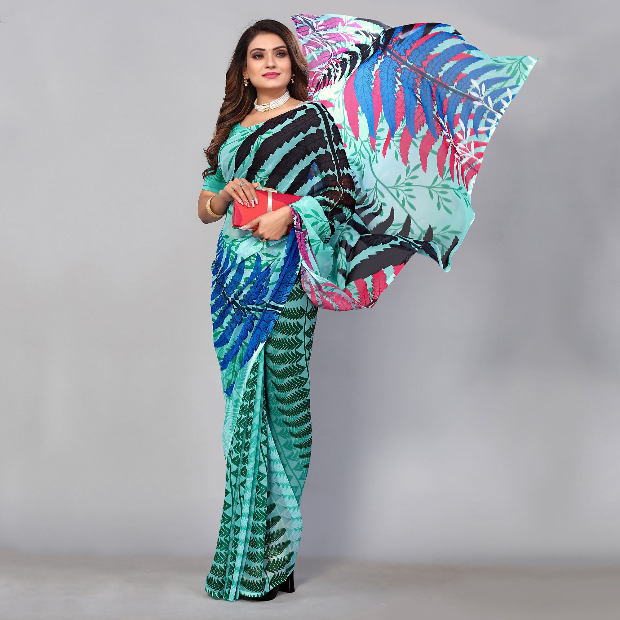 Turquoise Digital Printed Georgette Saree