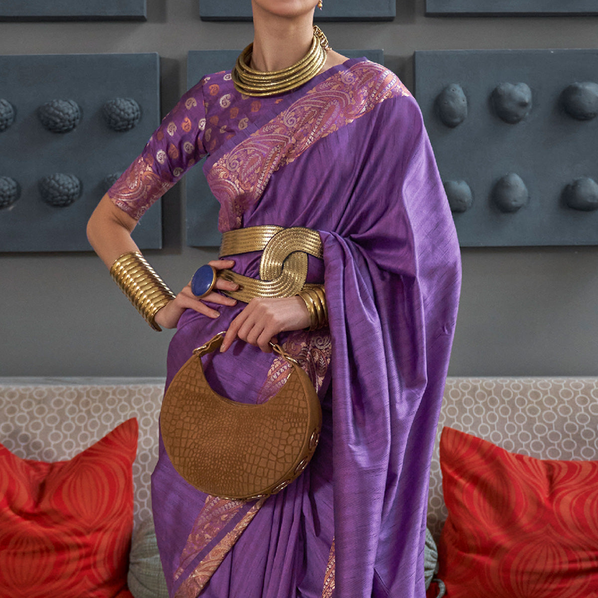 Violet Woven Tussar Silk Saree With Tassels