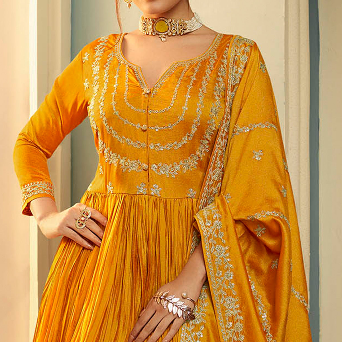 Mustard Embroidered Georgette Gown