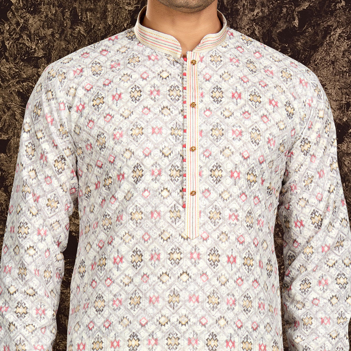 Offwhite Lucknowi And Digital Printed Cotton Kurta Pyjama Set