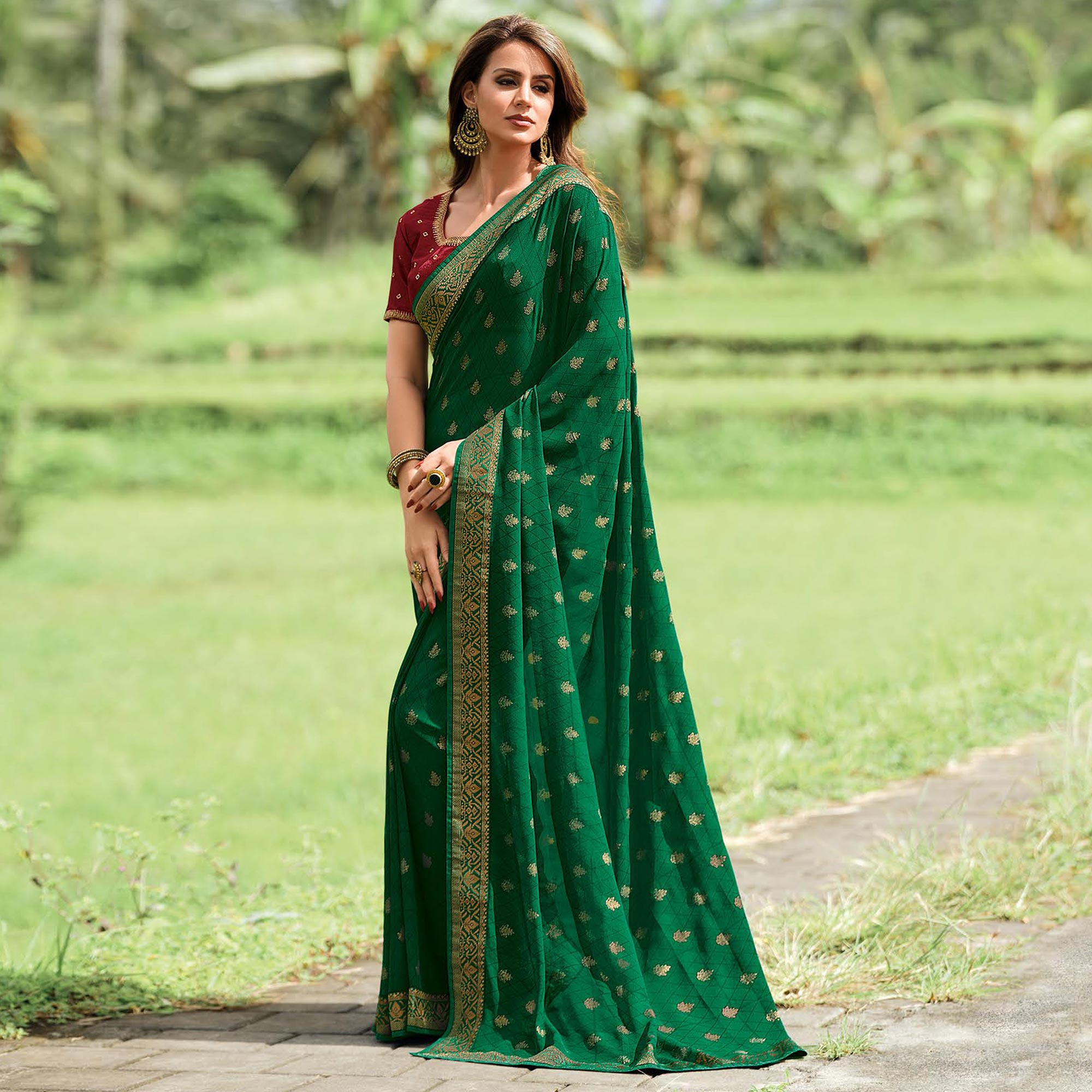 Green Foil Printed Georgette Saree