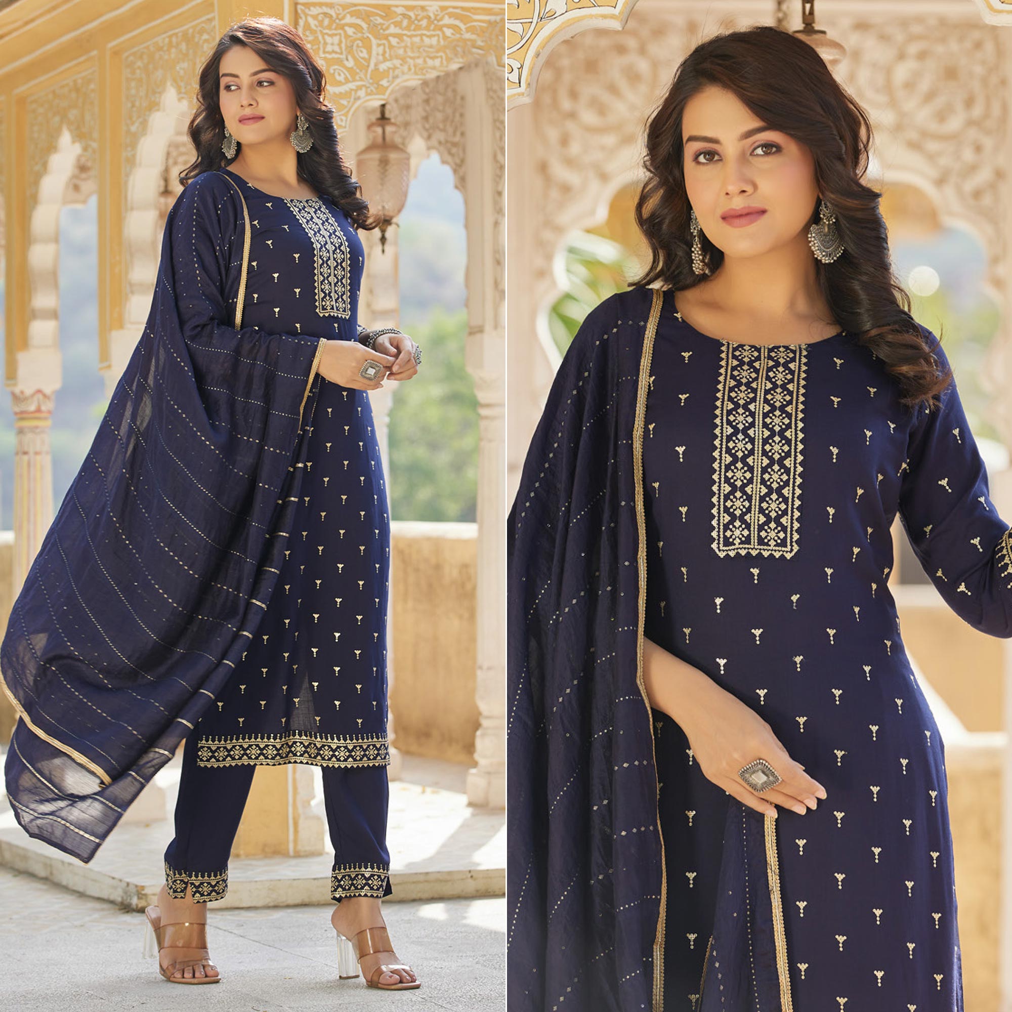 Navy Blue Embroidered Cotton Salwar Suit