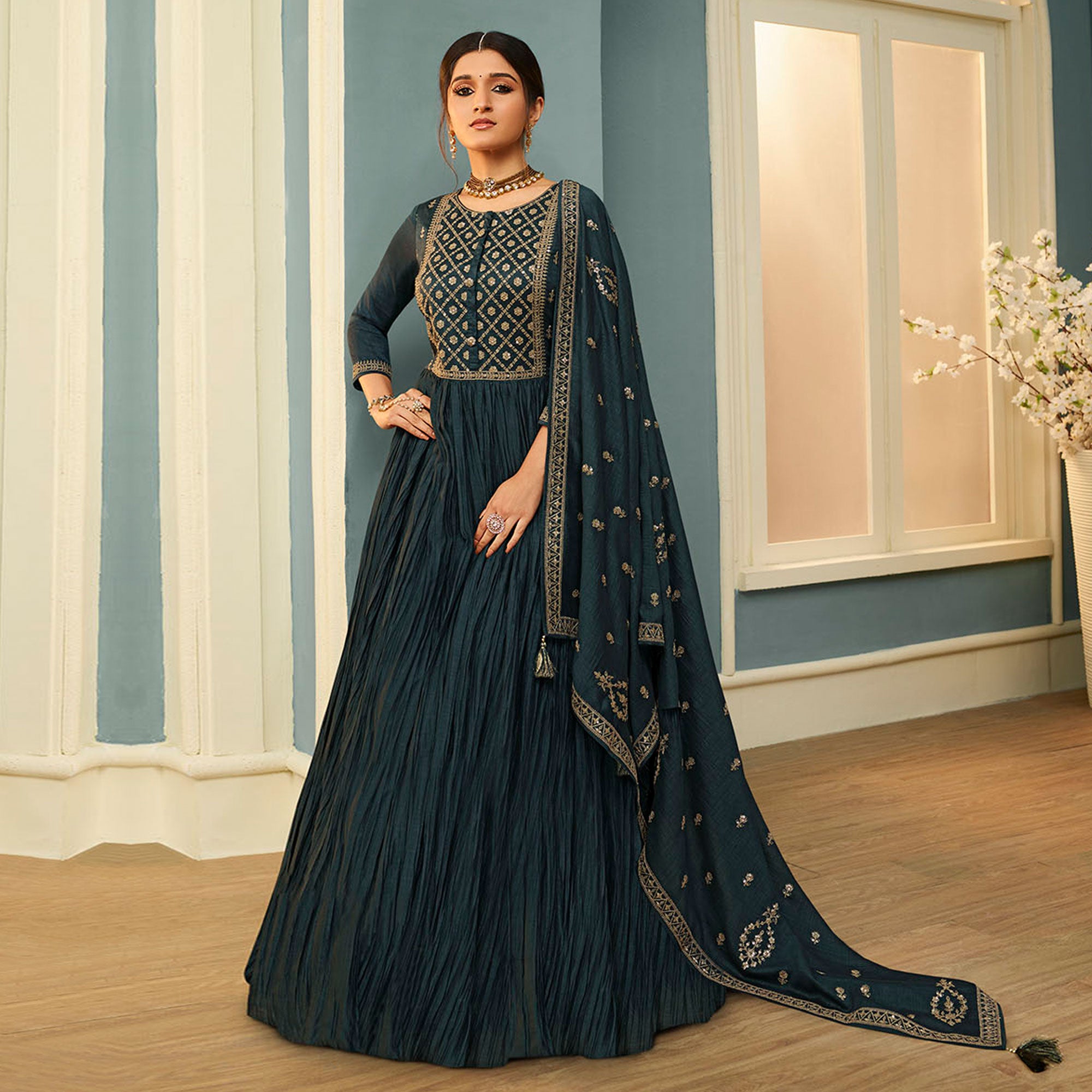 Grey Embroidered Georgette Gown