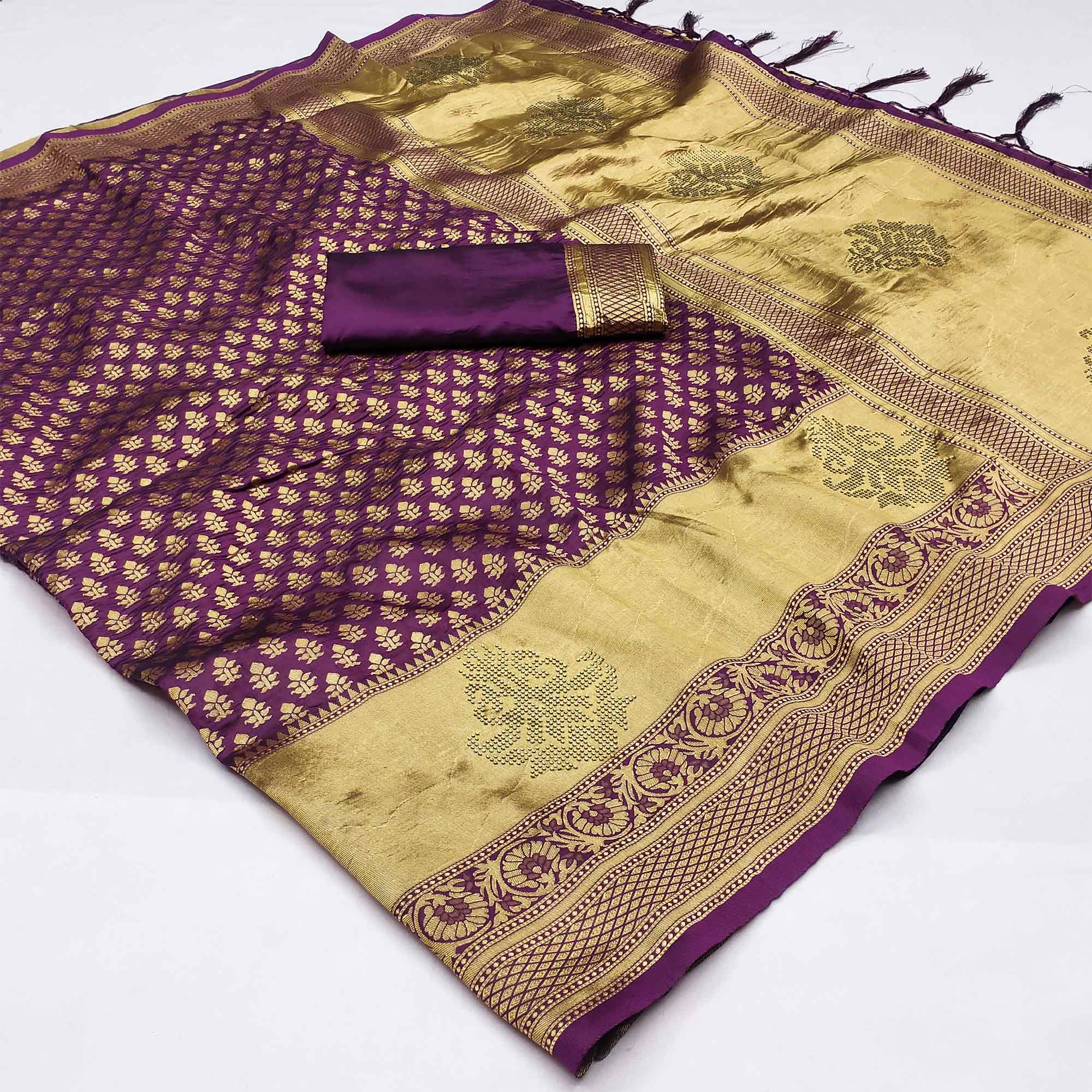 Purple Woven Art Silk Saree With Tassels