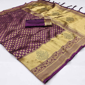 Purple Woven Art Silk Saree With Tassels