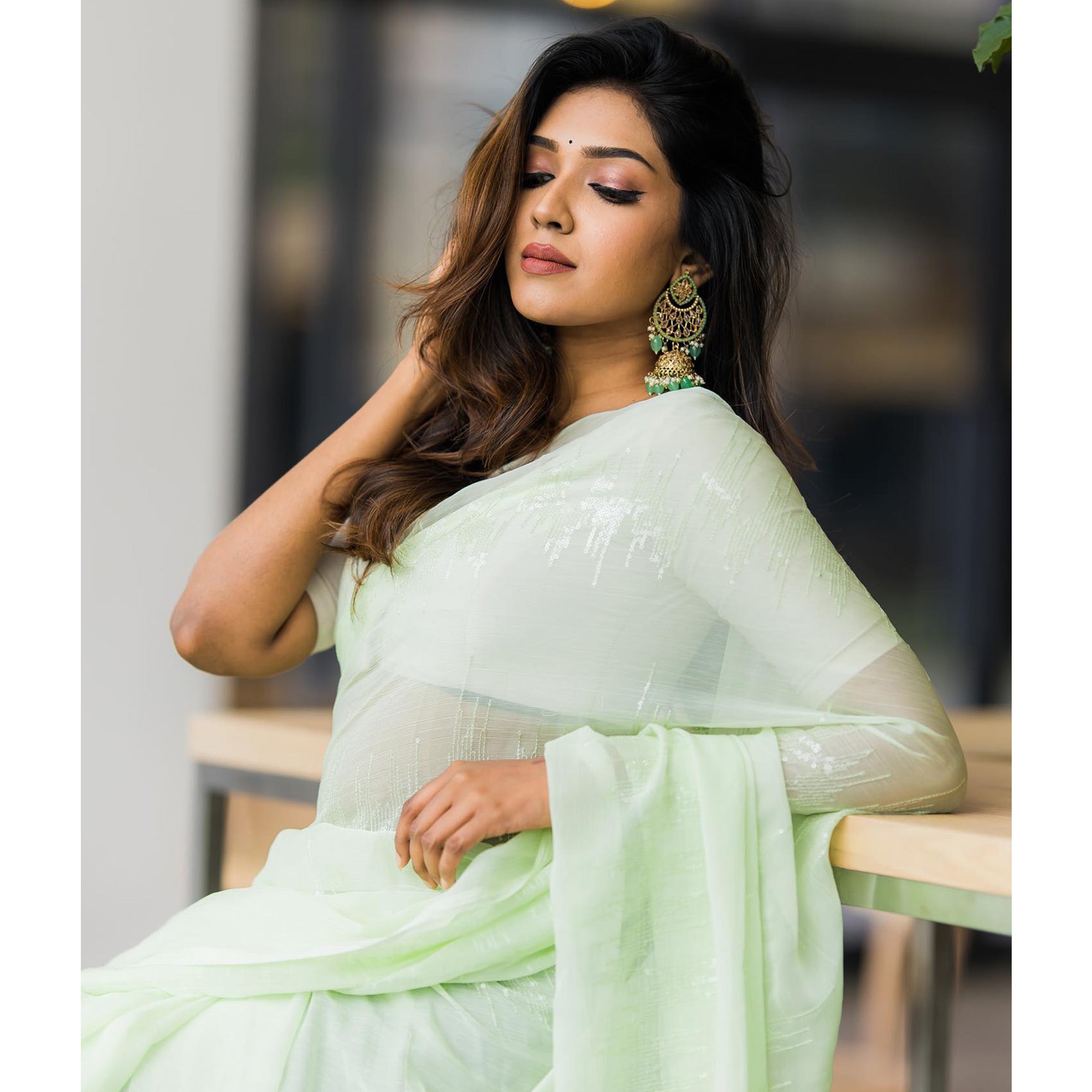 Pista Green Sequins Embroidered Zomato Silk Saree With Tassels