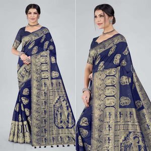 Blue Woven Organza Saree With Tassels