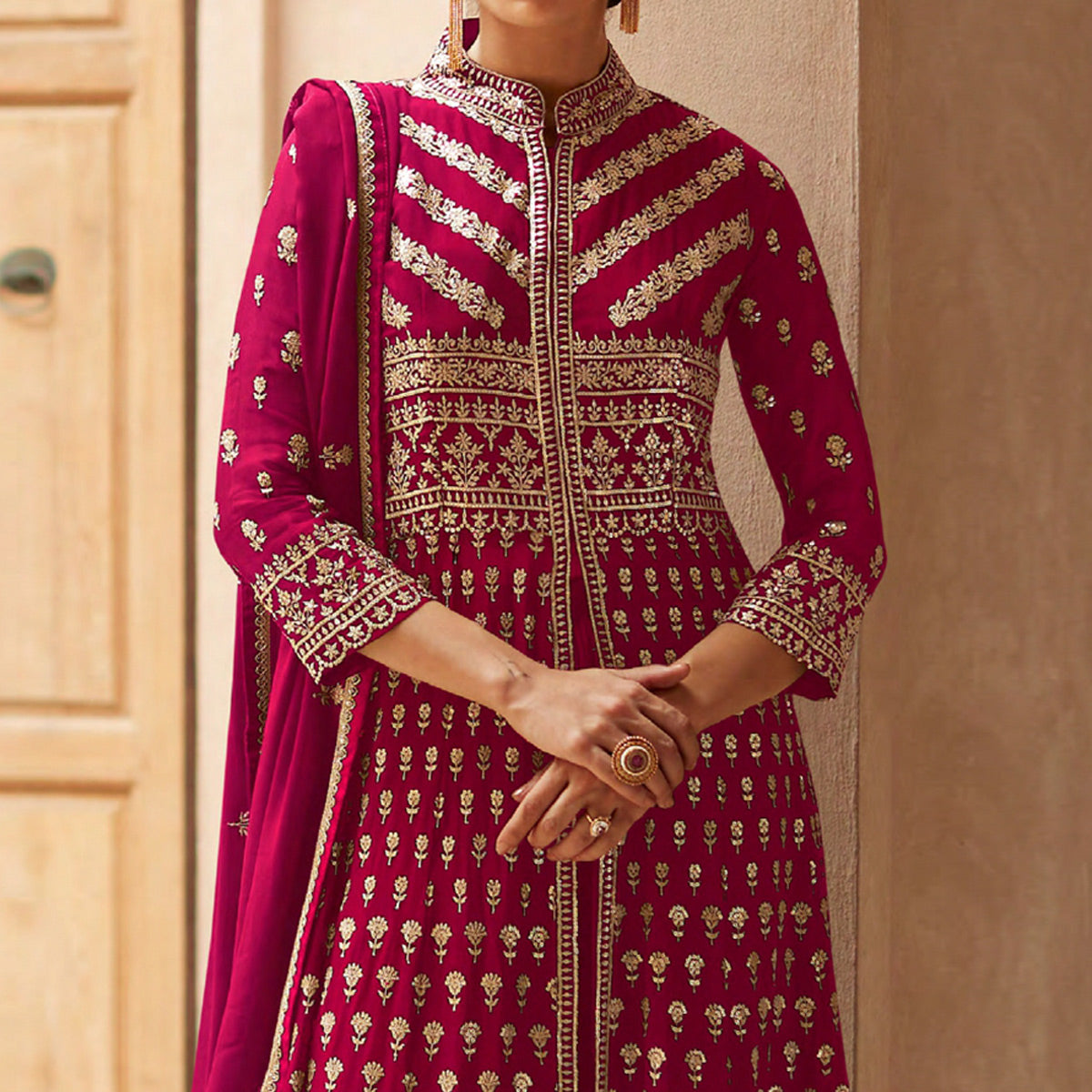 Pink Sequins Embroidered Georgette Palazzo Suit