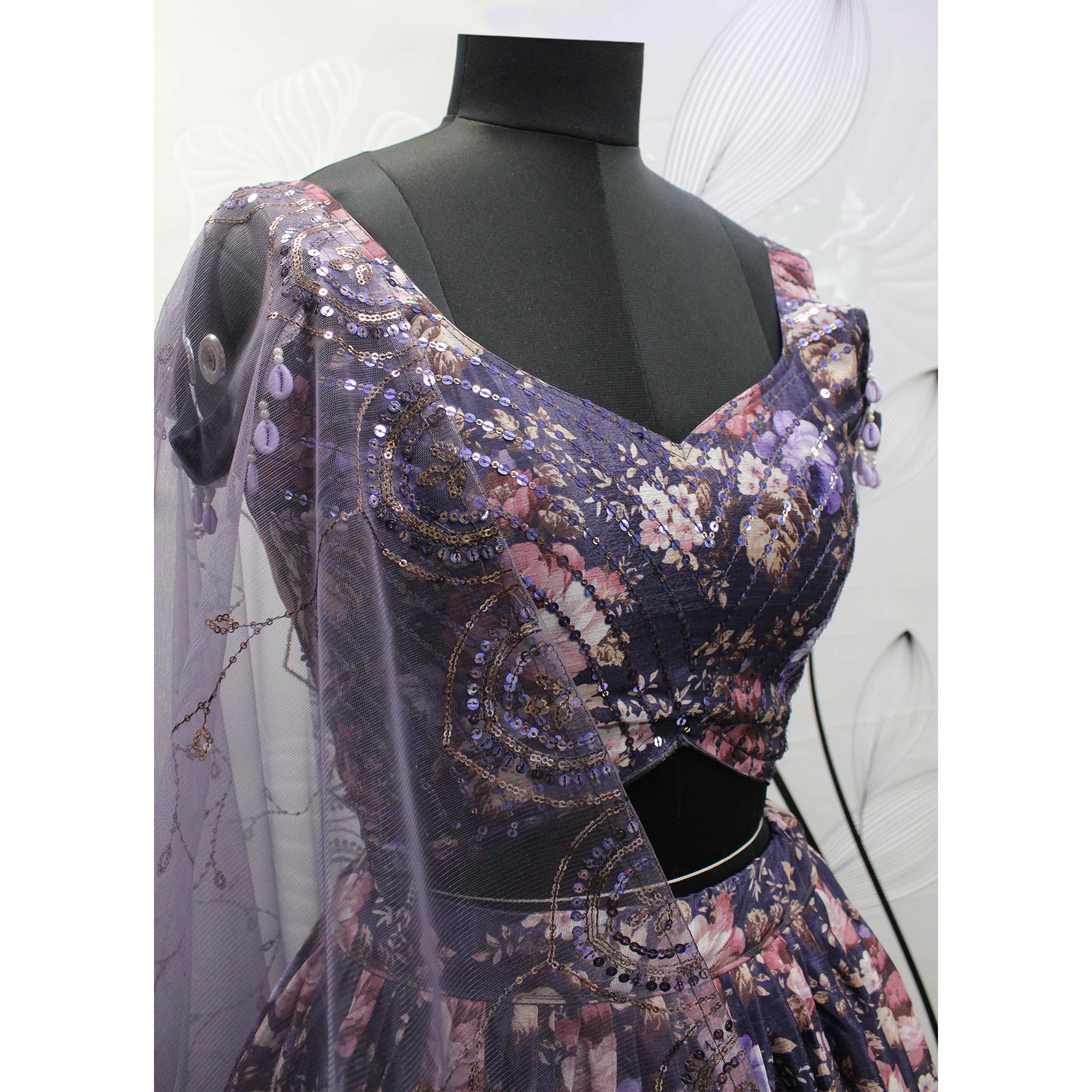Purple Printed With Sequins Embroidered Georgette Lehenga Choli