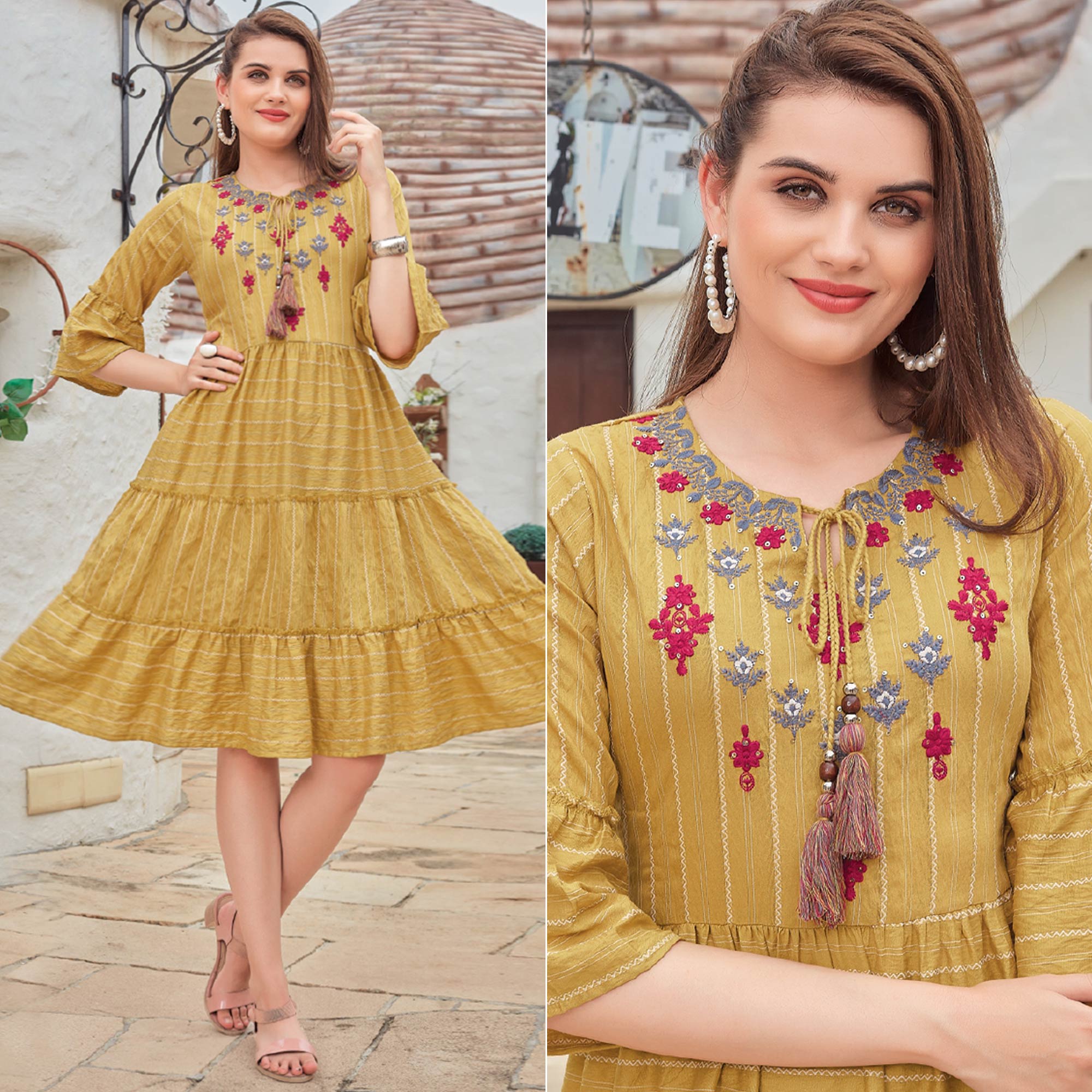 Mustard Floral Embroidered Rayon Dress