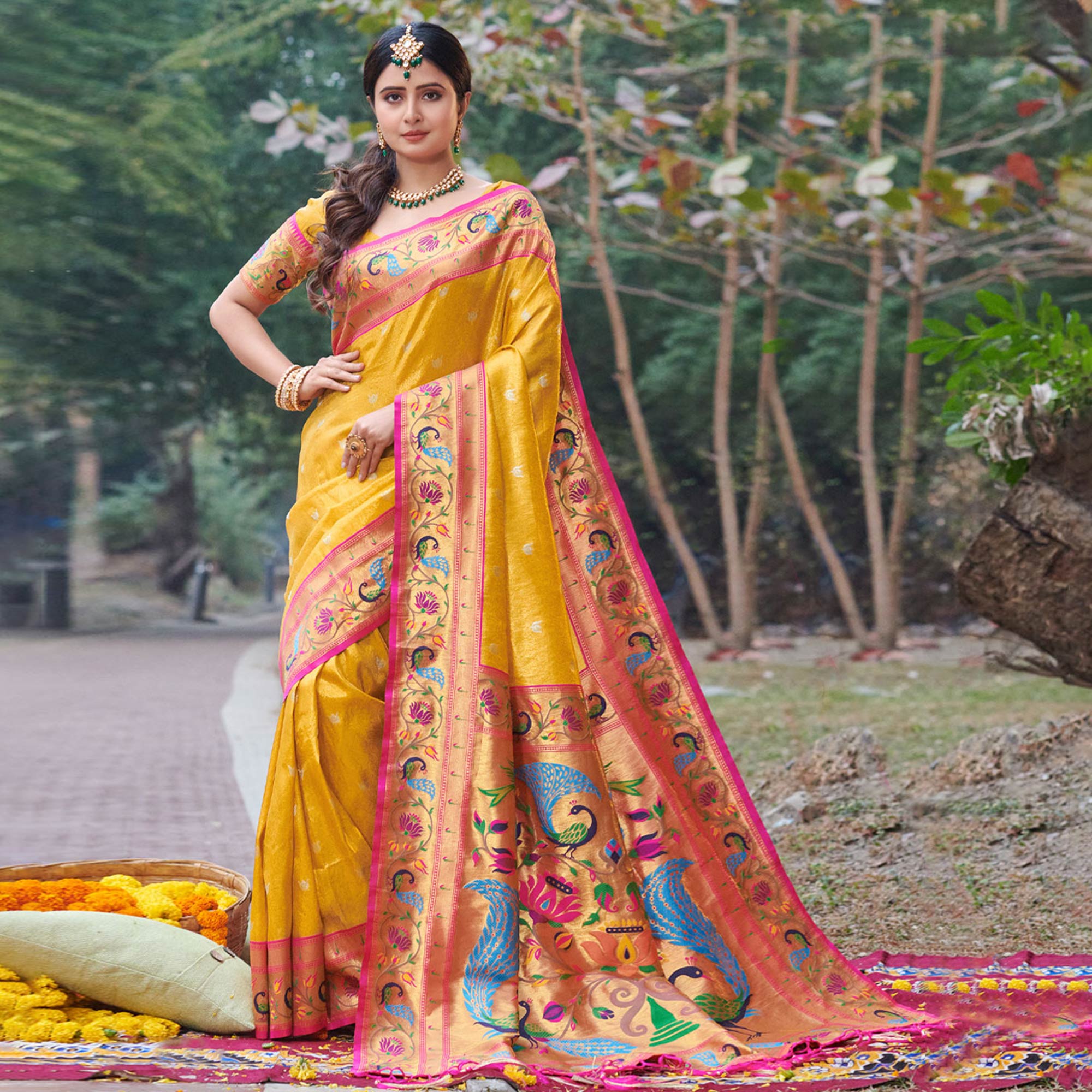 Yellow Woven Art Silk Paithani Saree With Tassels