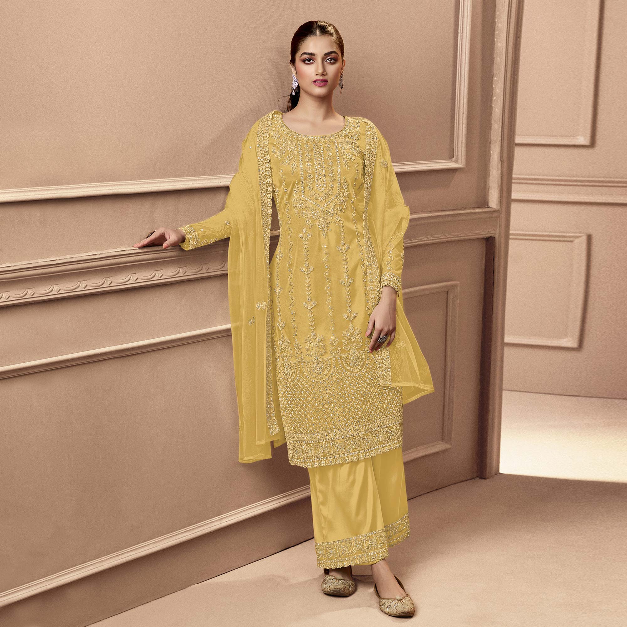 Yellow Floral Embroidered Netted Pakistani Suit