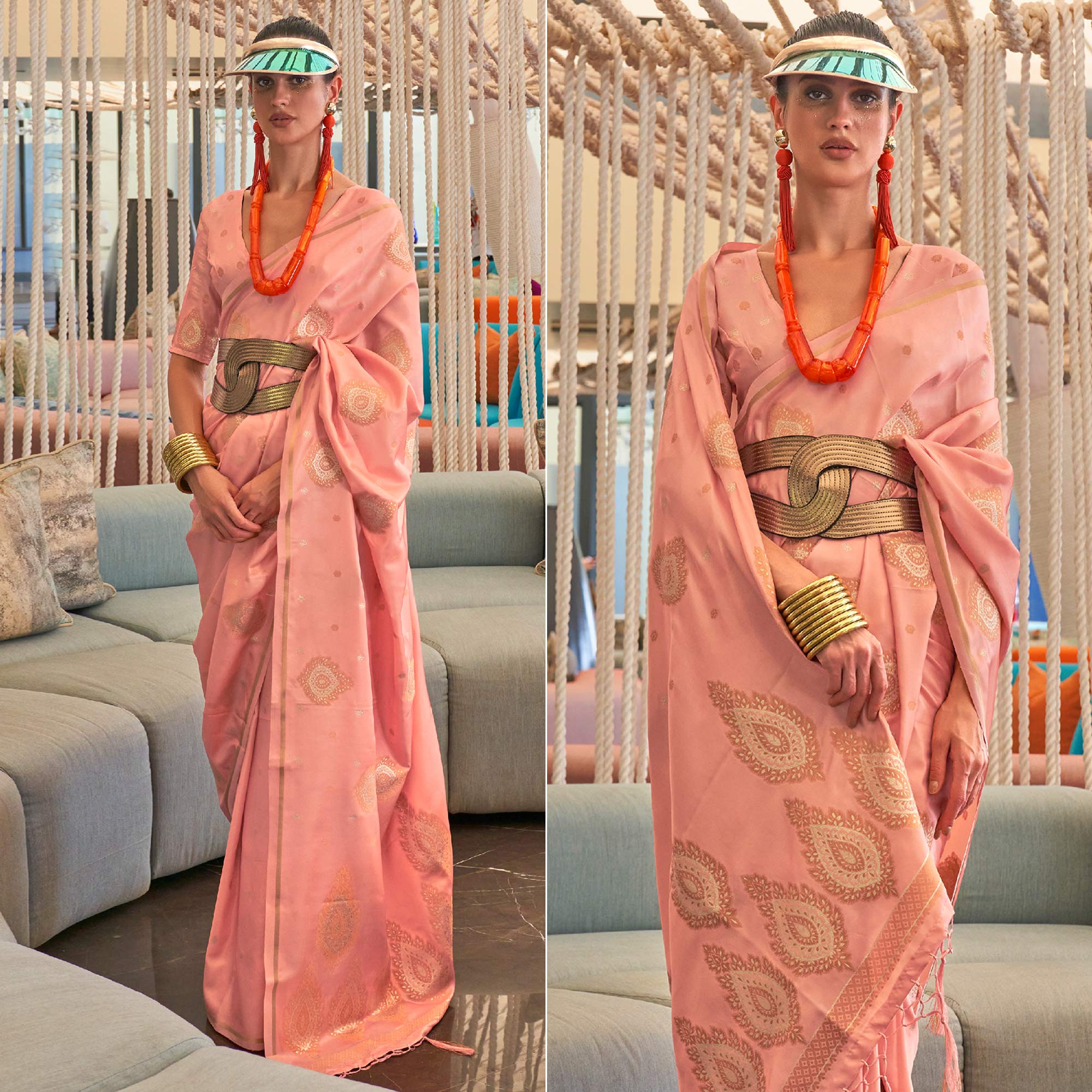 Peach Woven Satin Saree With Tassels
