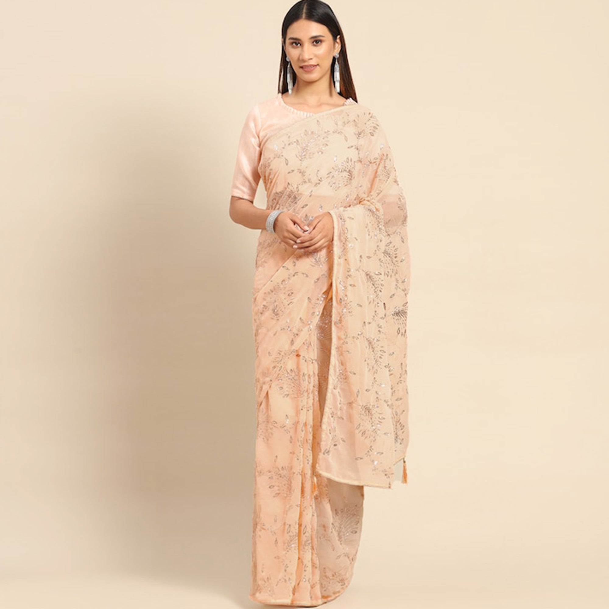 Peach Floral Sequins Embroidered Georgette Saree