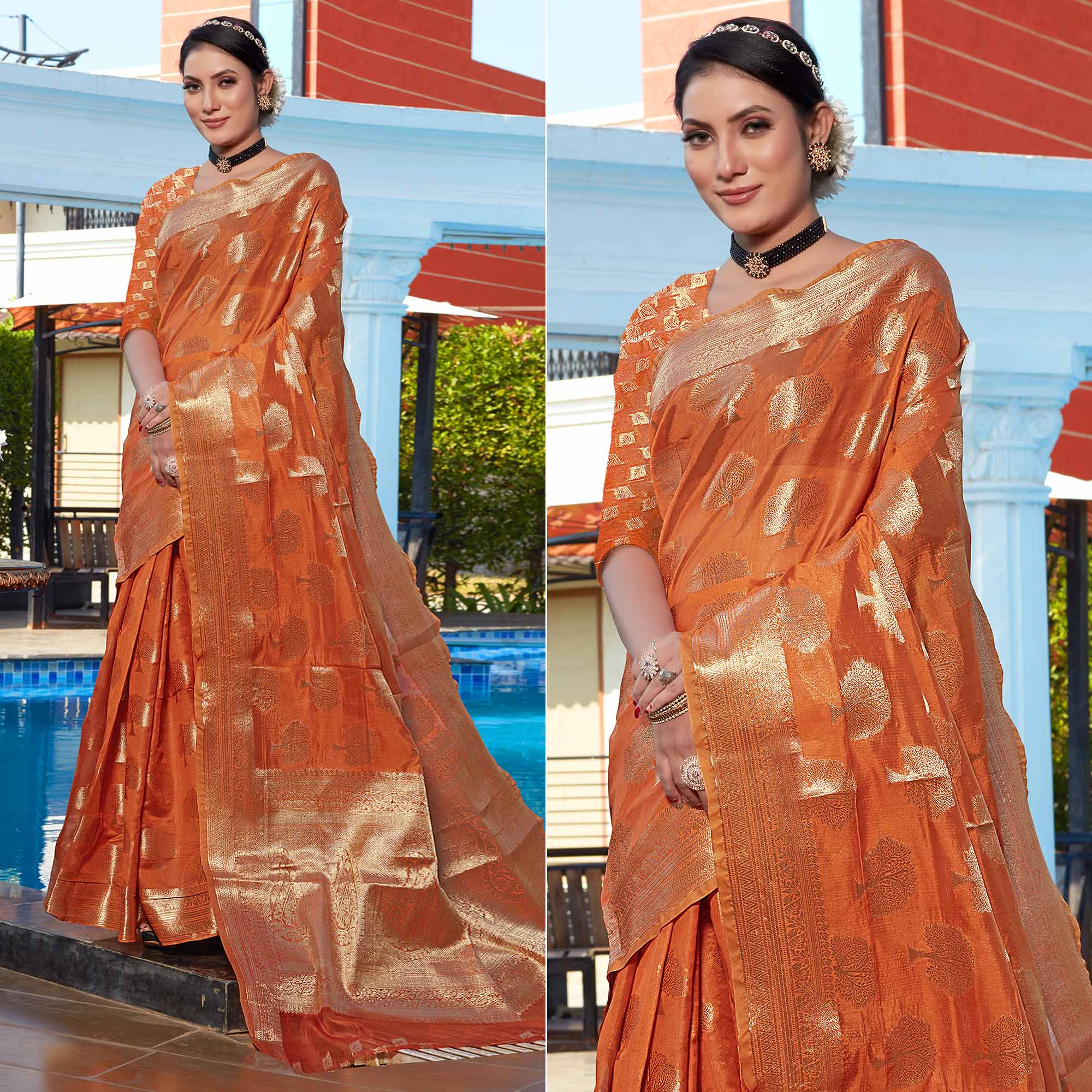 Orange Woven Organza Saree