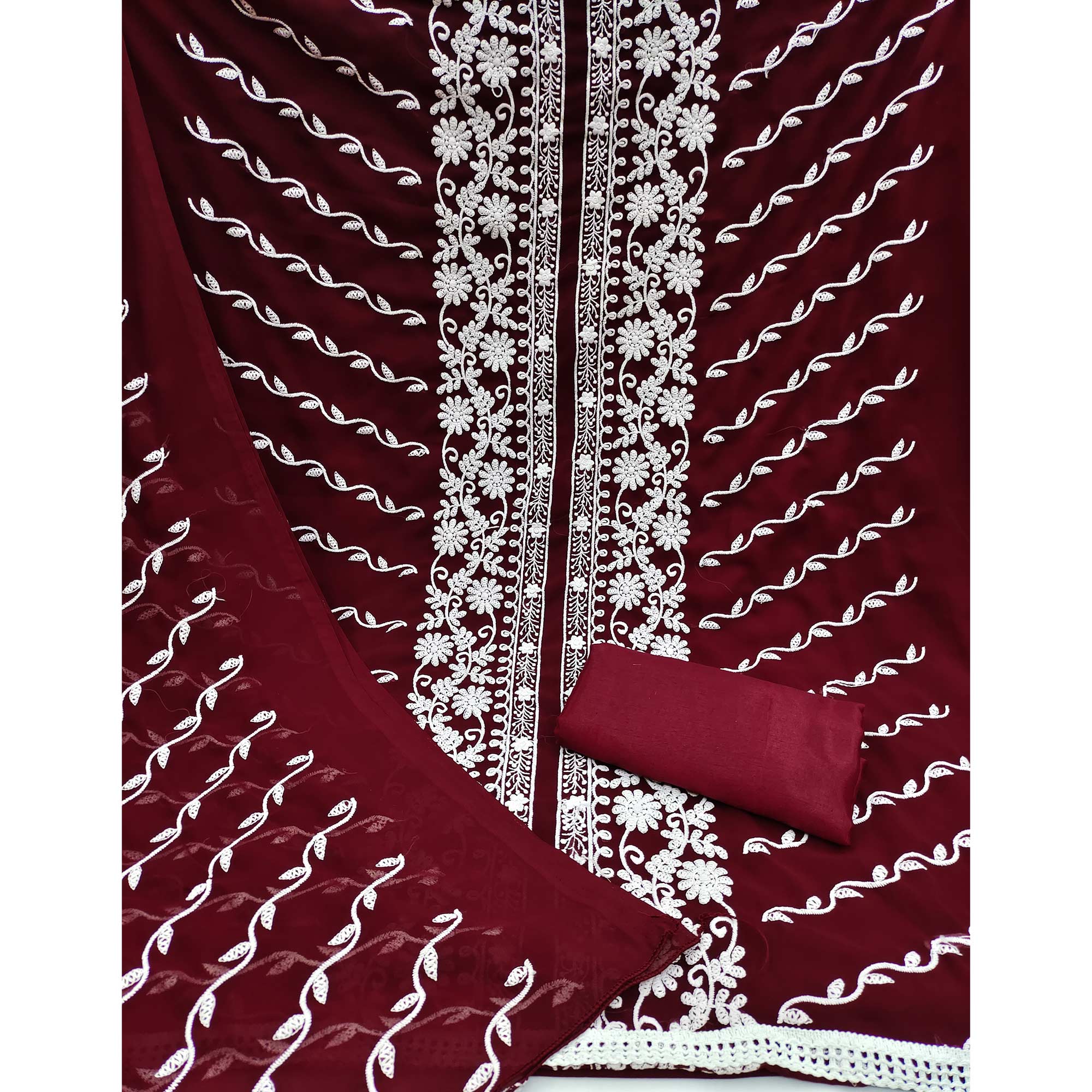 Maroon Floral Embroidered Georgette Dress Material