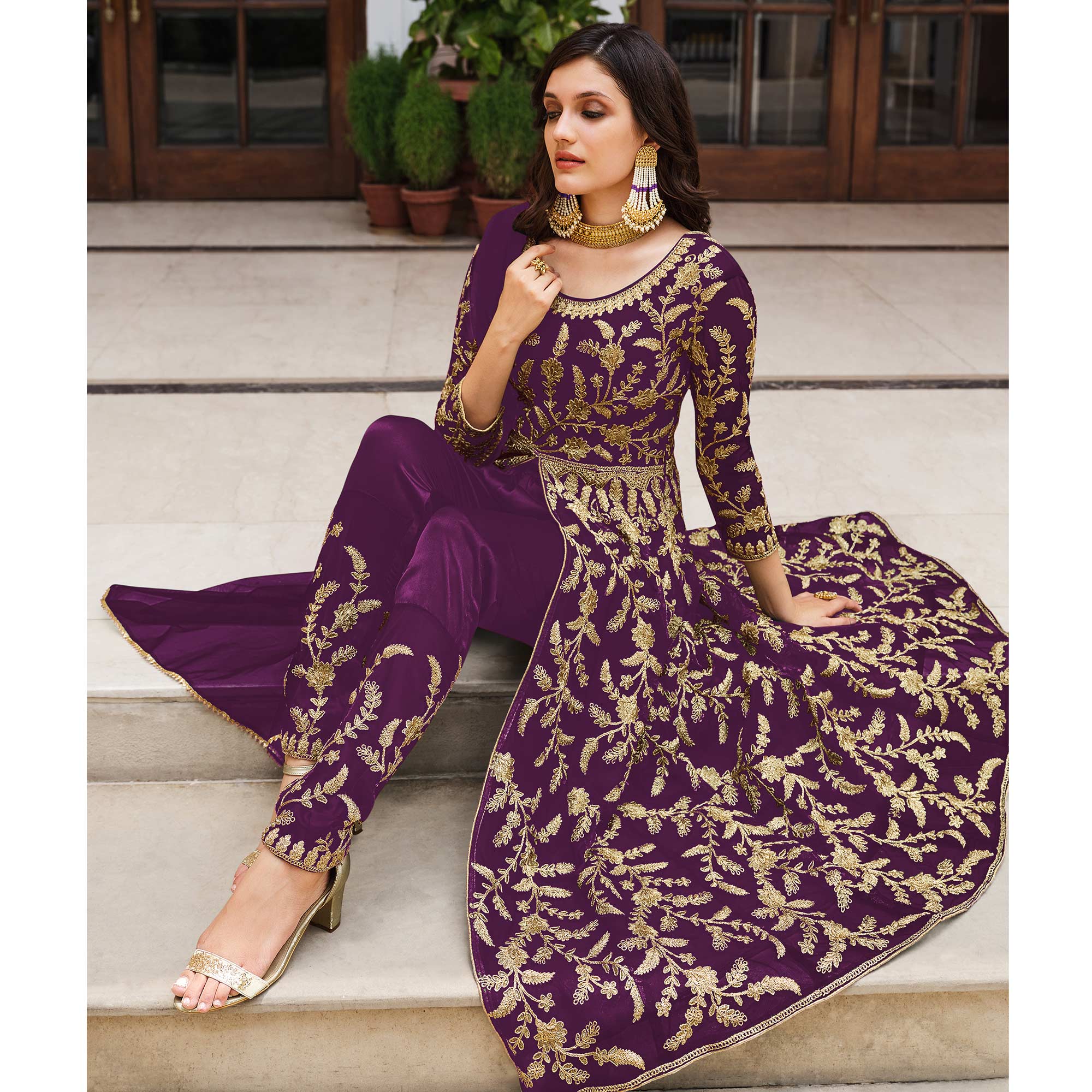 Purple Floral Embroidered Net Suit