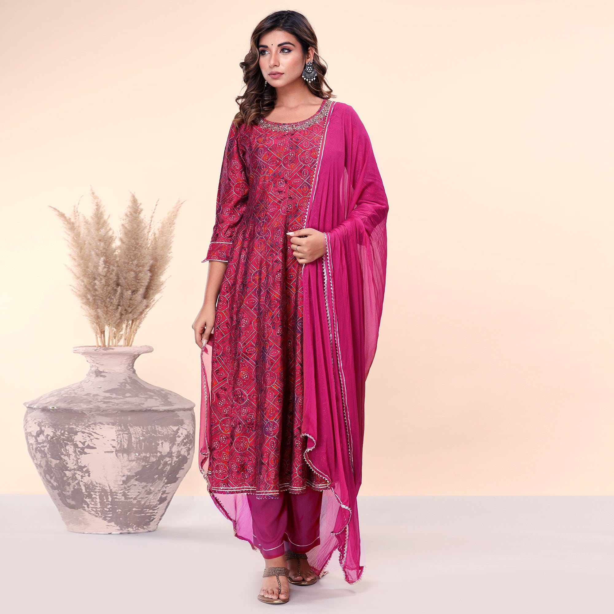 Pink Bandhani Printed And Gota Work Muslin Anarkali Suit
