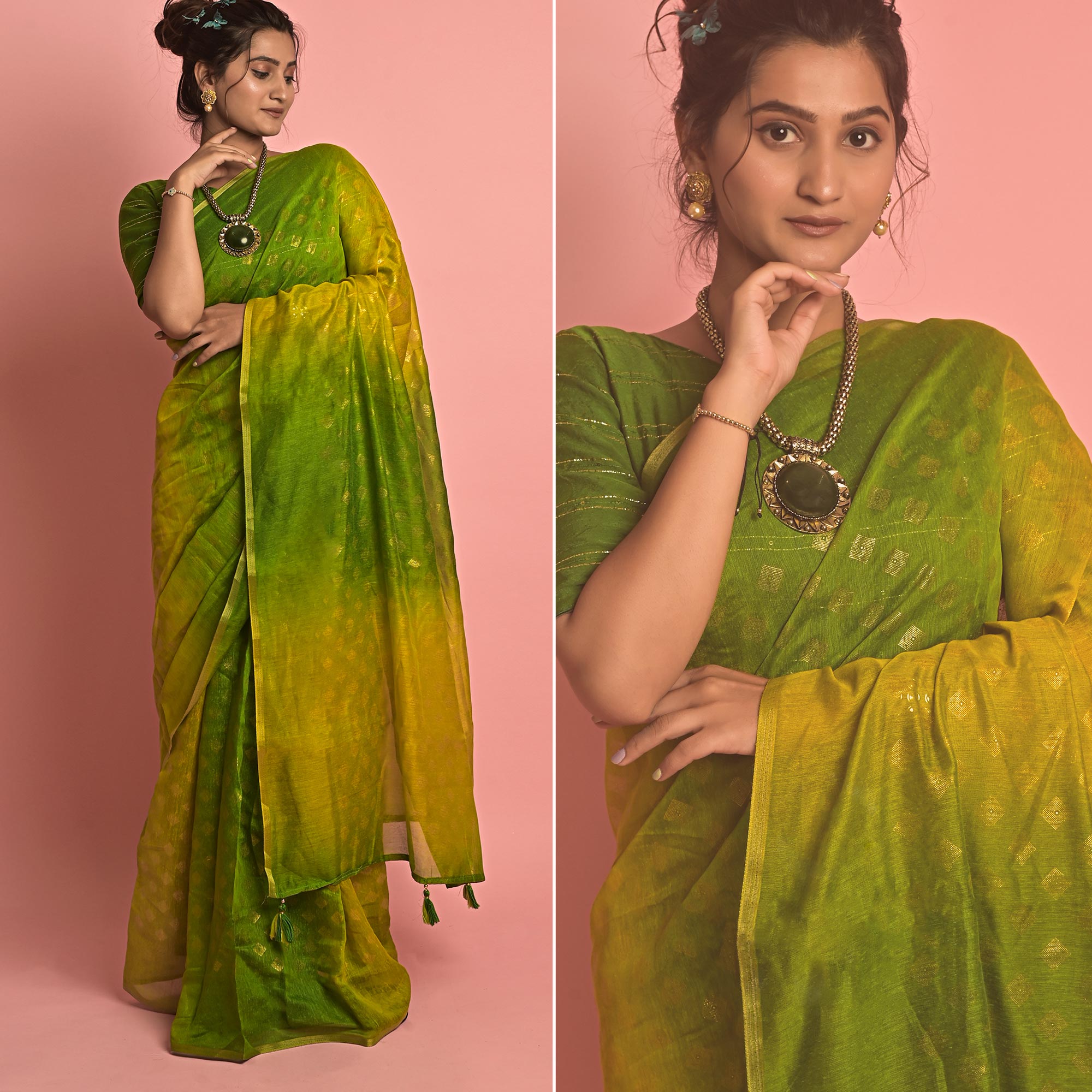 Green & Olive Foil Printed Cotton Blend Saree