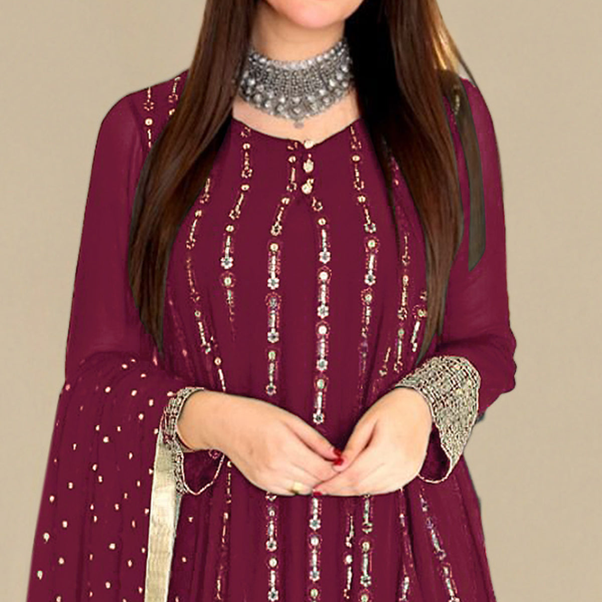 Maroon Sequins Embroidered Georgette Pakistani Suit