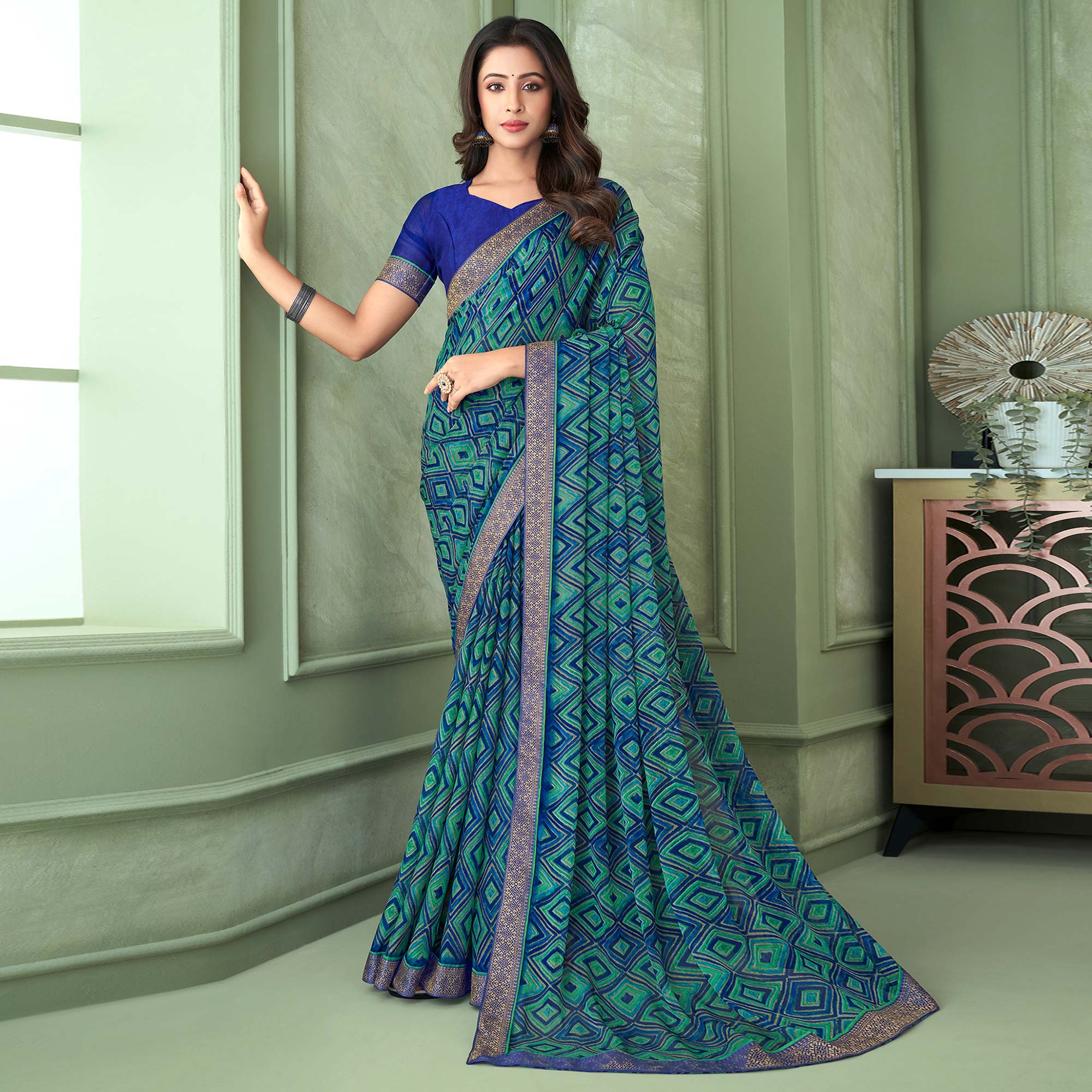 Blue Digital Printed Chiffon Saree With Lace Border