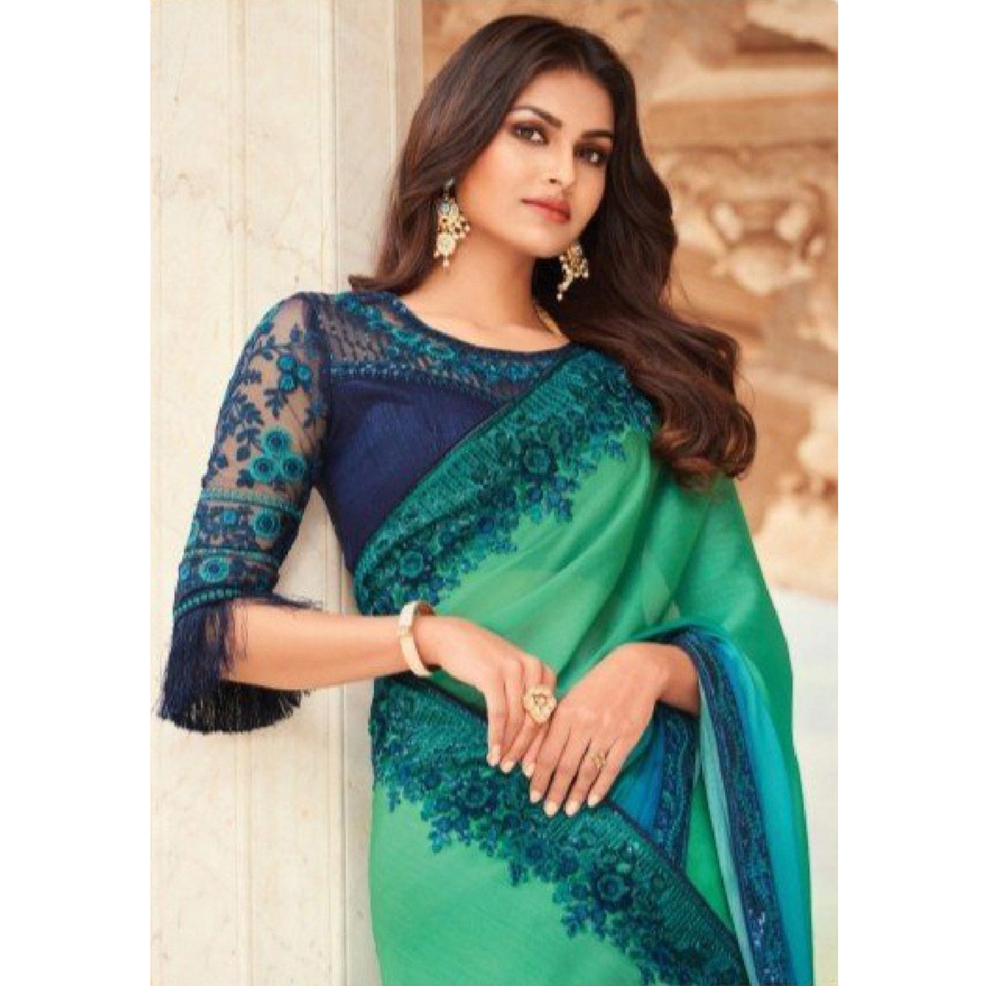 Blue & Aqua Green Embroidered Art Silk Saree