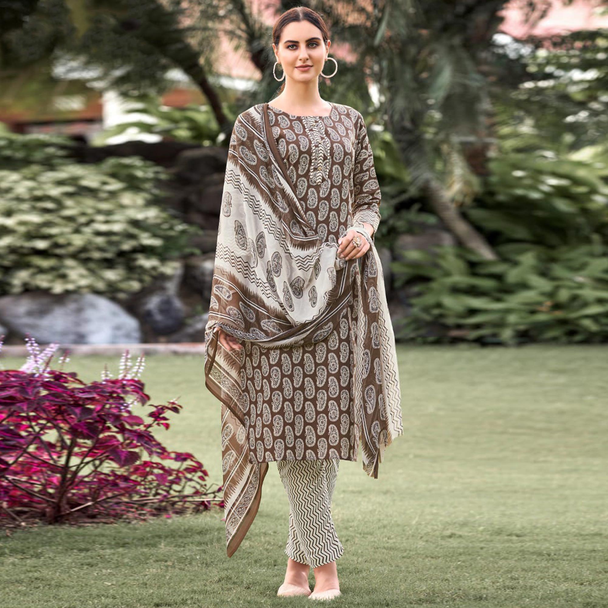 Brown Floral Printed Cotton Blend Suit