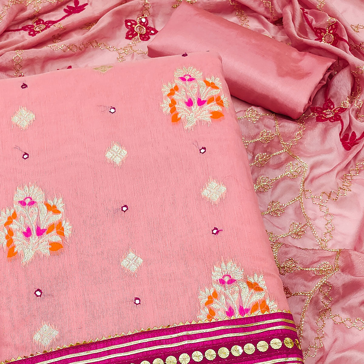 Pink Floral Woven Banarasi Silk Dress Material