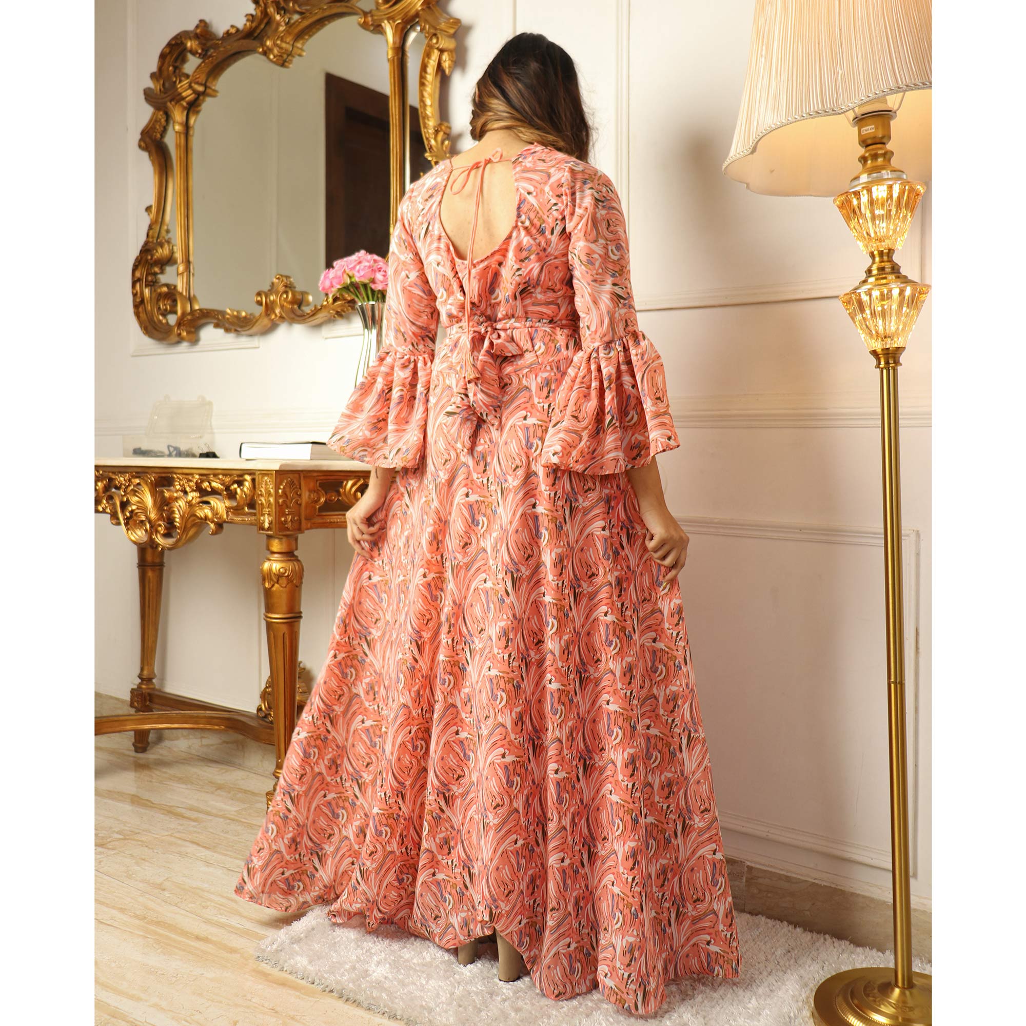Peach Printed Georgette Gown