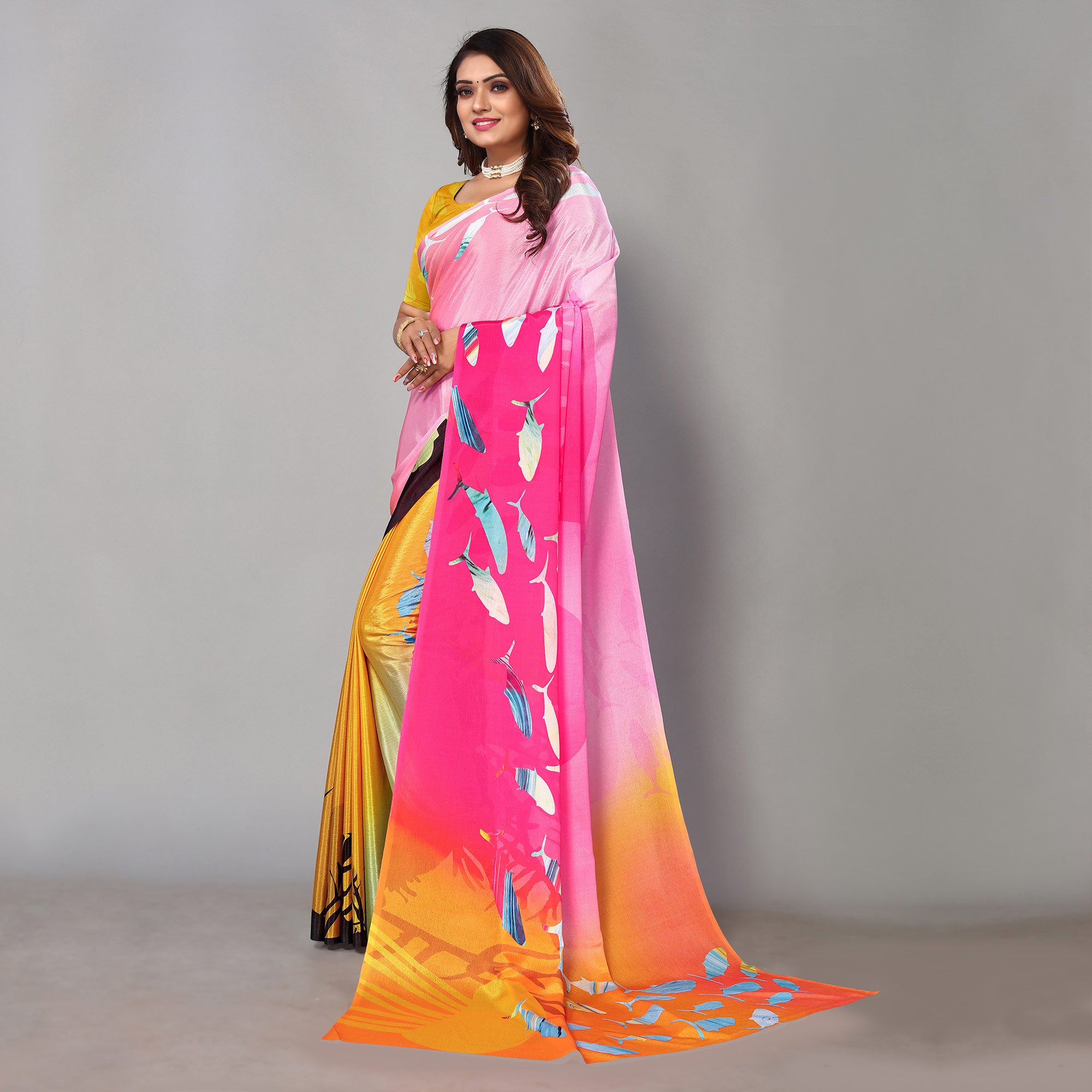 Multicolored Digital Printed Chiffon Saree