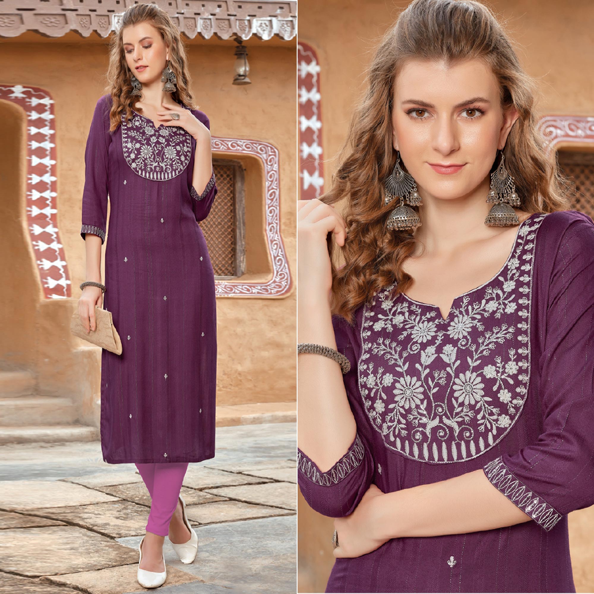 Wine Floral Embroidered Rayon Kurti