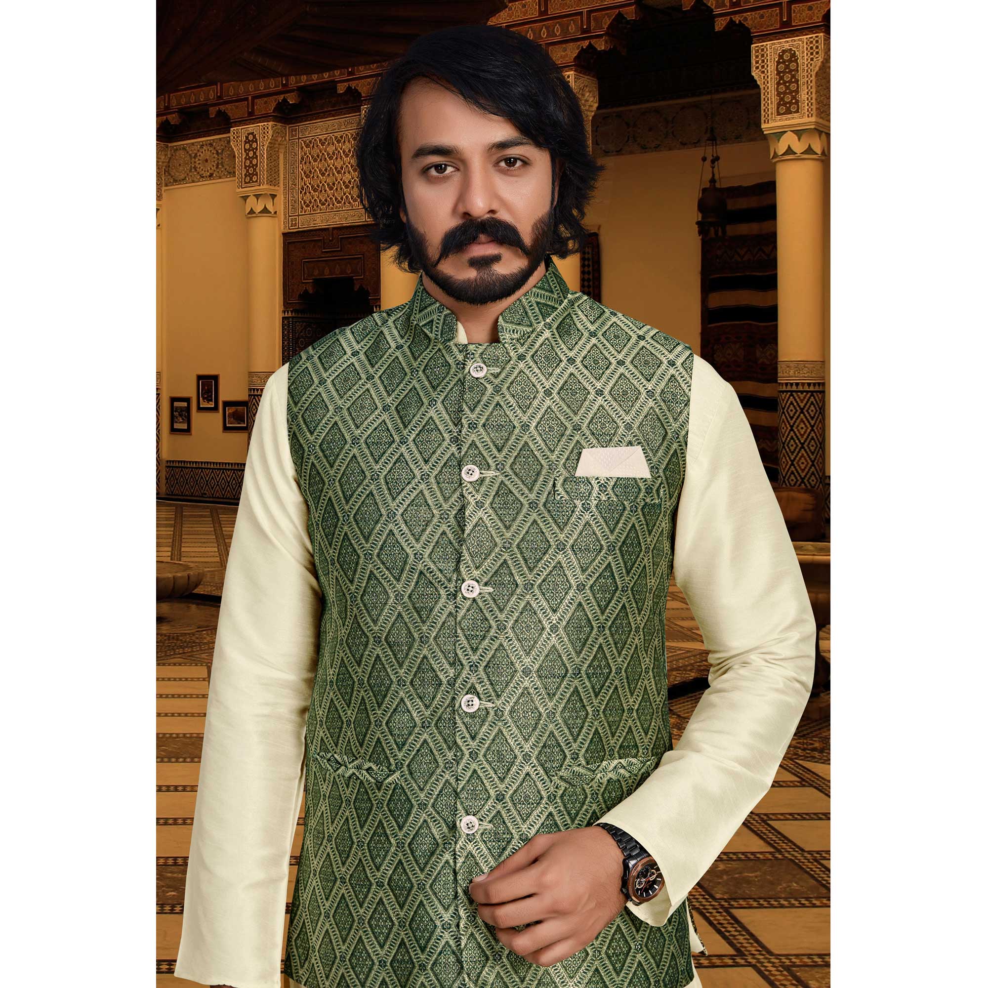 Cream Green Woven Art Silk Kurta Pyjama Set With Jacket