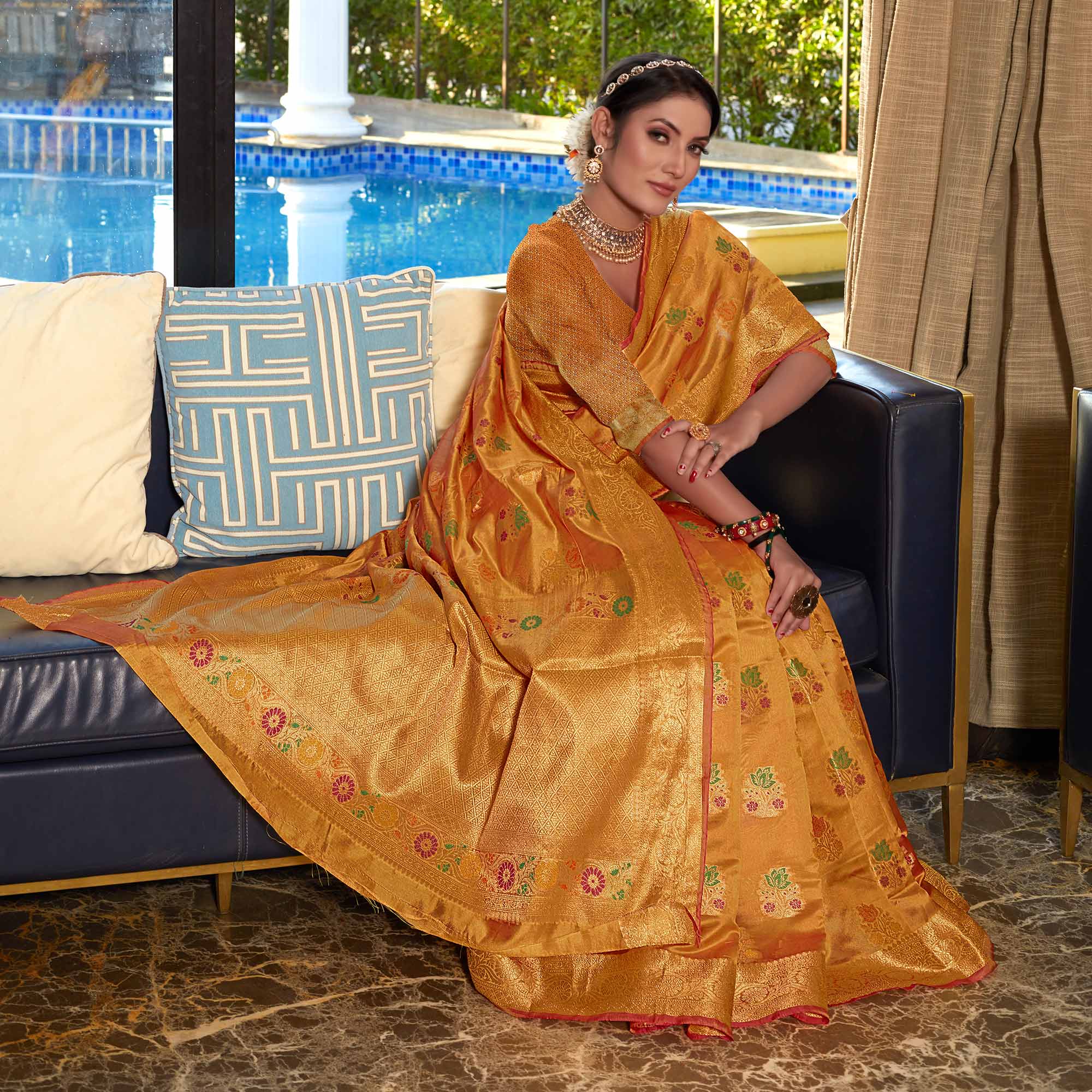 Mustard Floral Woven Organza Saree