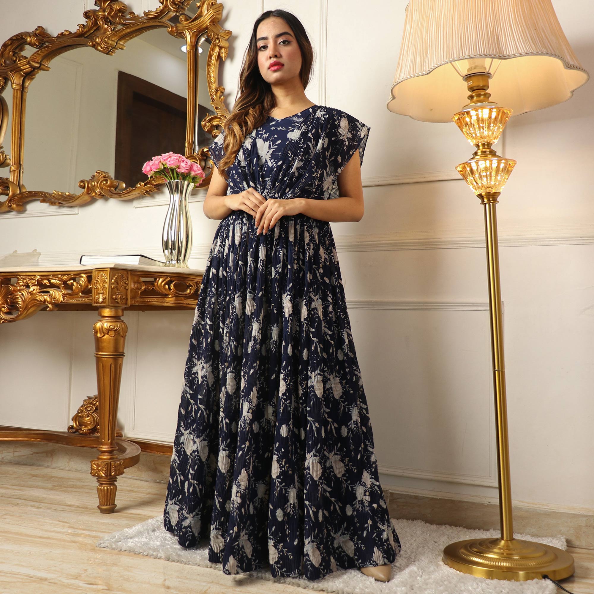 Blue Floral Printed Georgette Gown