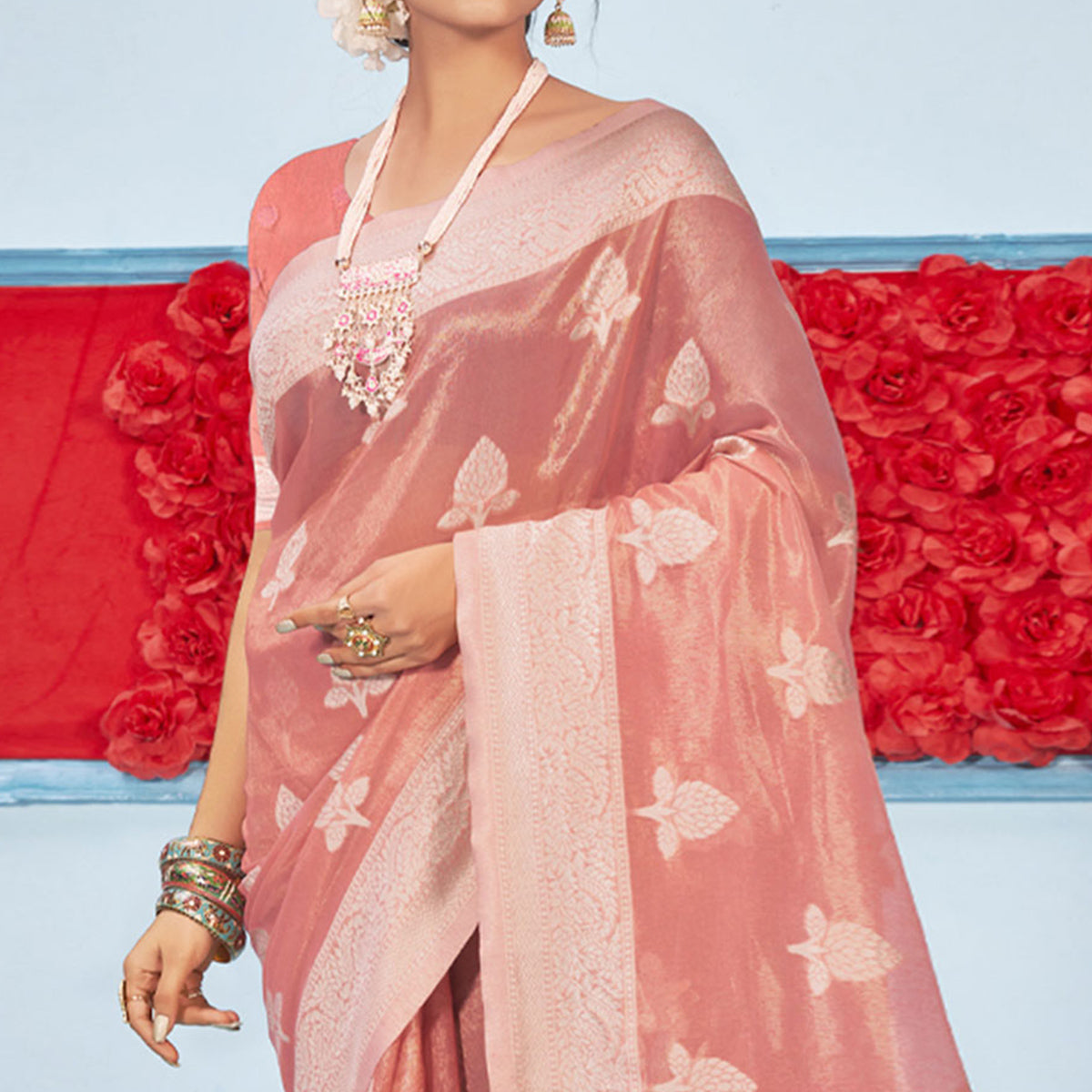 Peach Woven Cotton Blend Saree