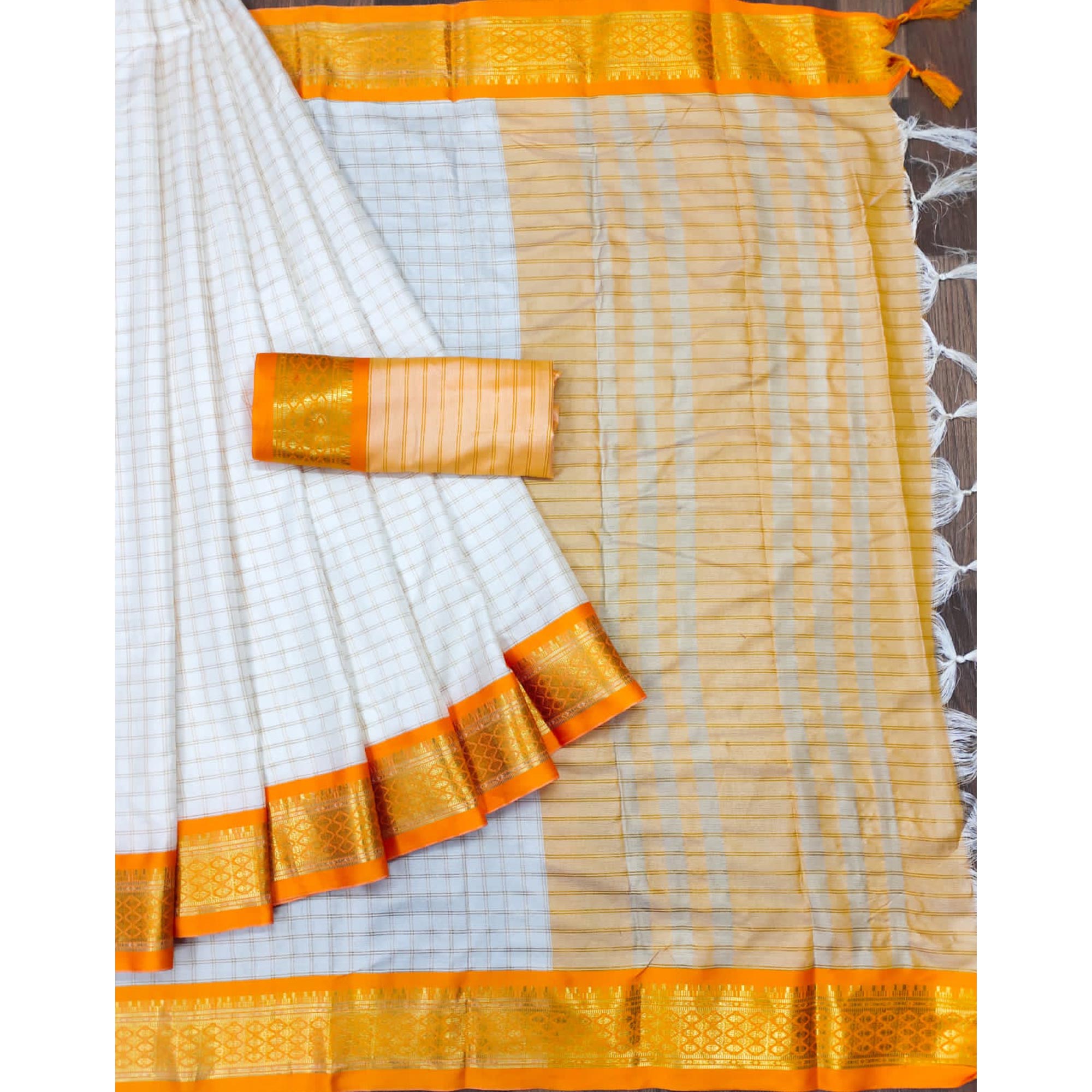 White & Orange Checks With Woven Border Cotton Silk Saree