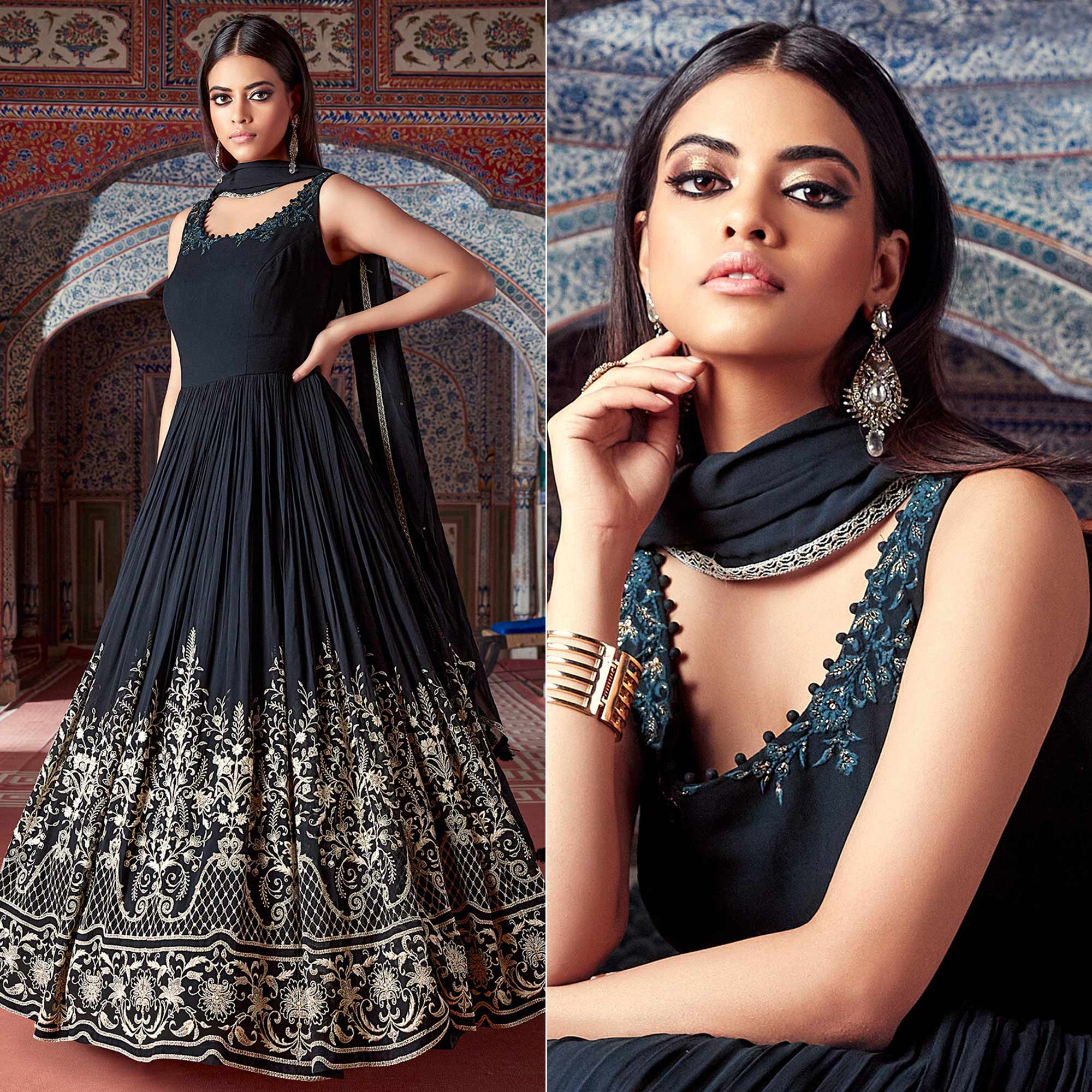Black Floral Embroidered Georgette Gown