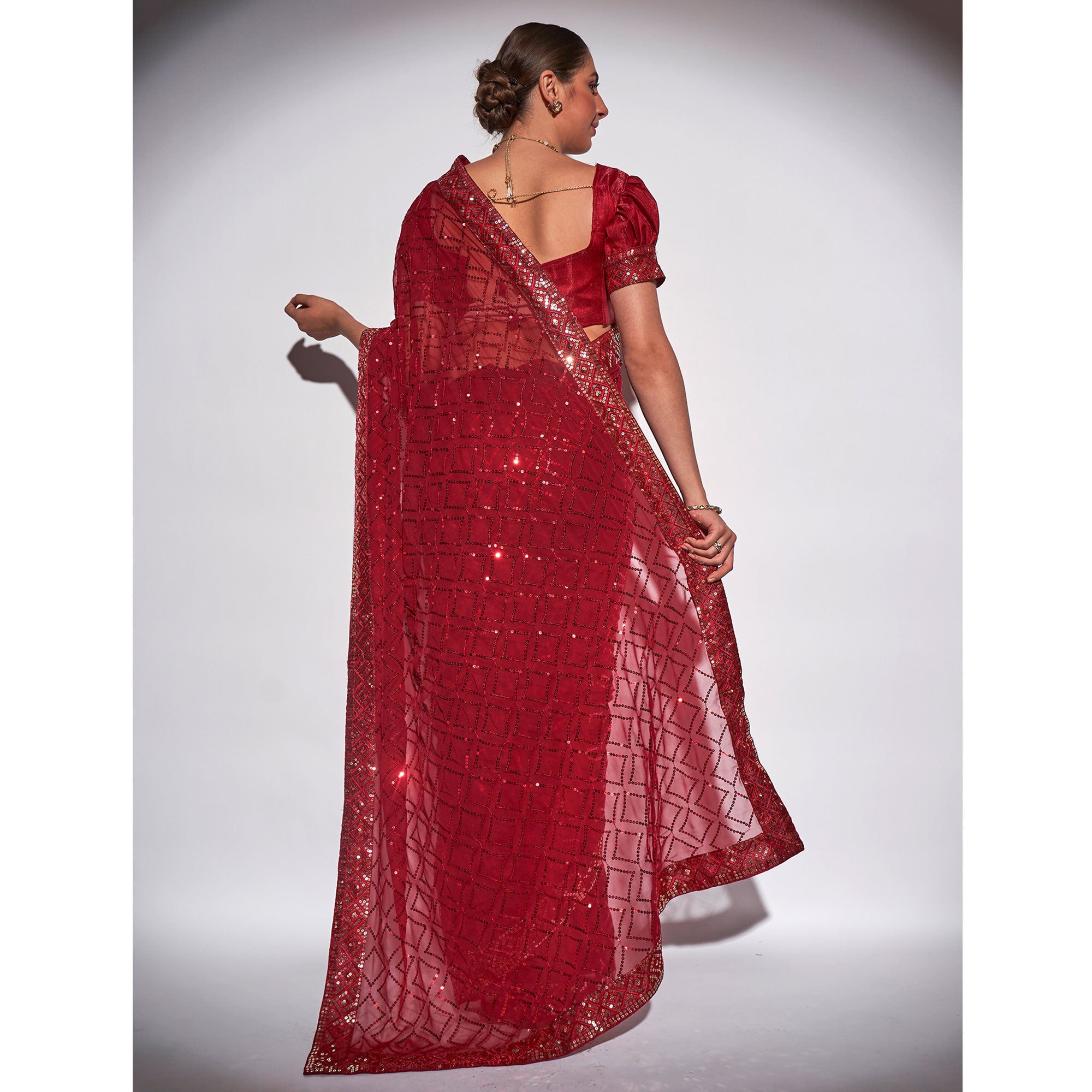 Red Sequins Embroidered Georgette Saree